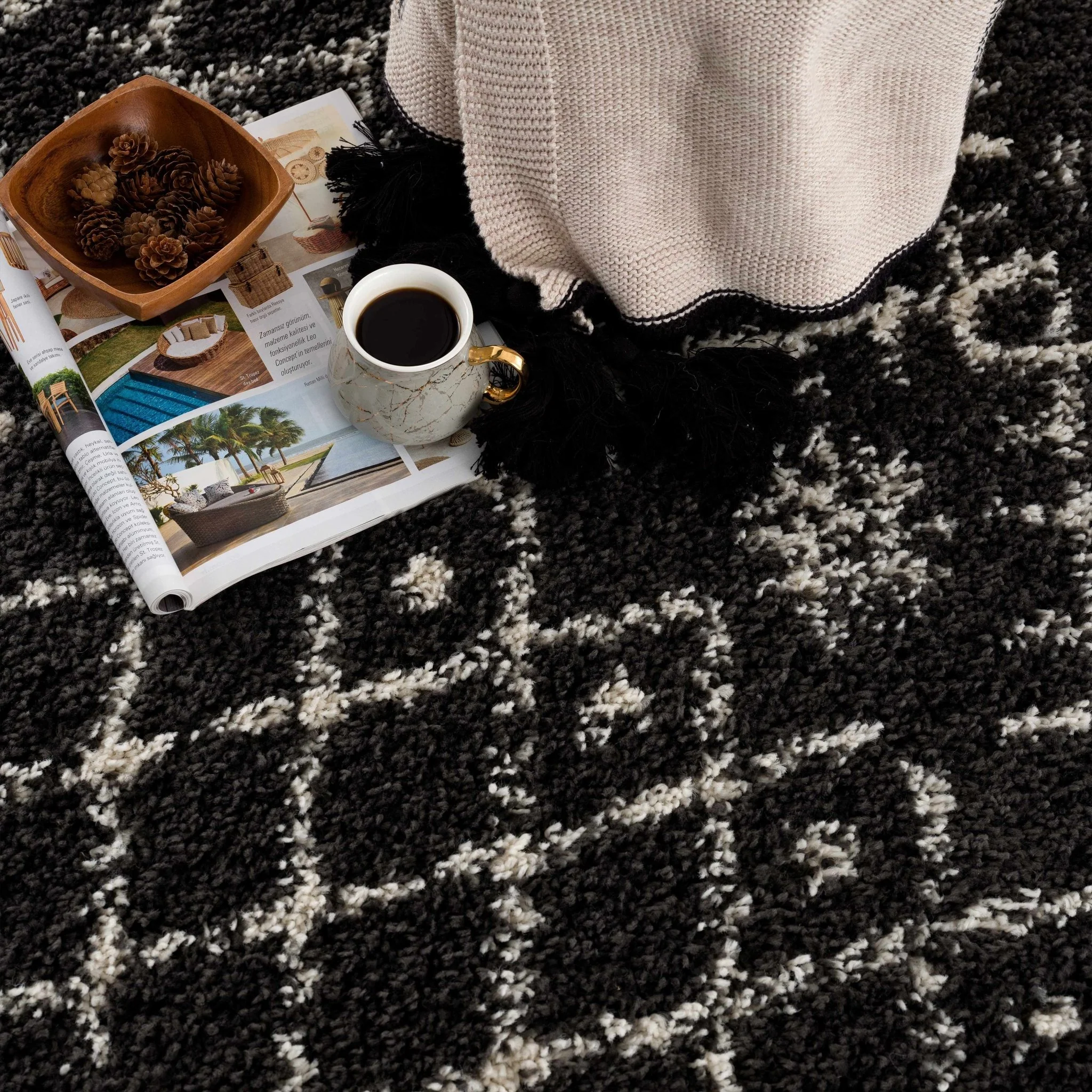 Contemporary Black and Beige Tribal Design Plush Pile Area Rug - Image 17