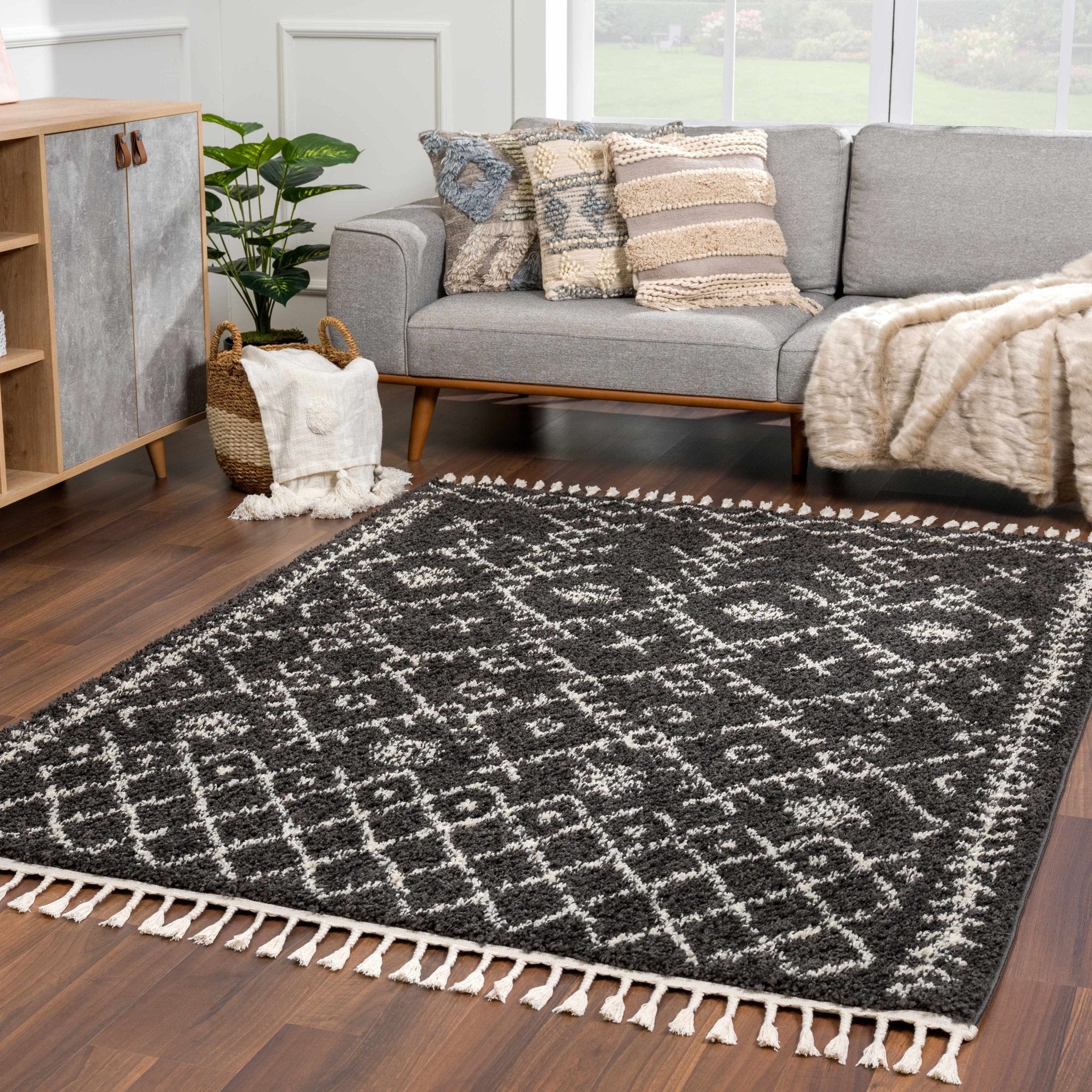 Contemporary Black and Beige Tribal Design Plush Pile Area Rug - Image 18