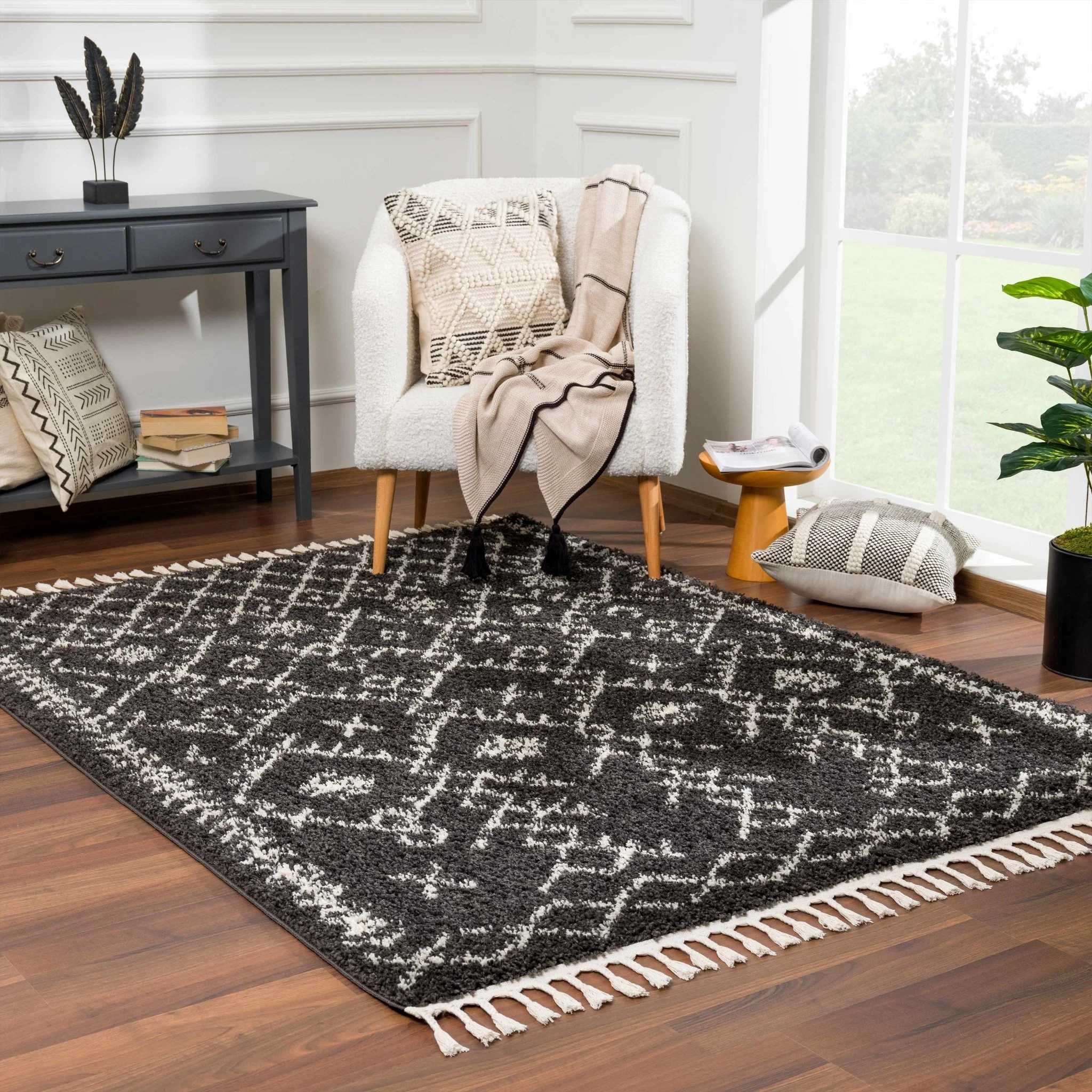 Contemporary Black and Beige Tribal Design Plush Pile Area Rug - Image 19