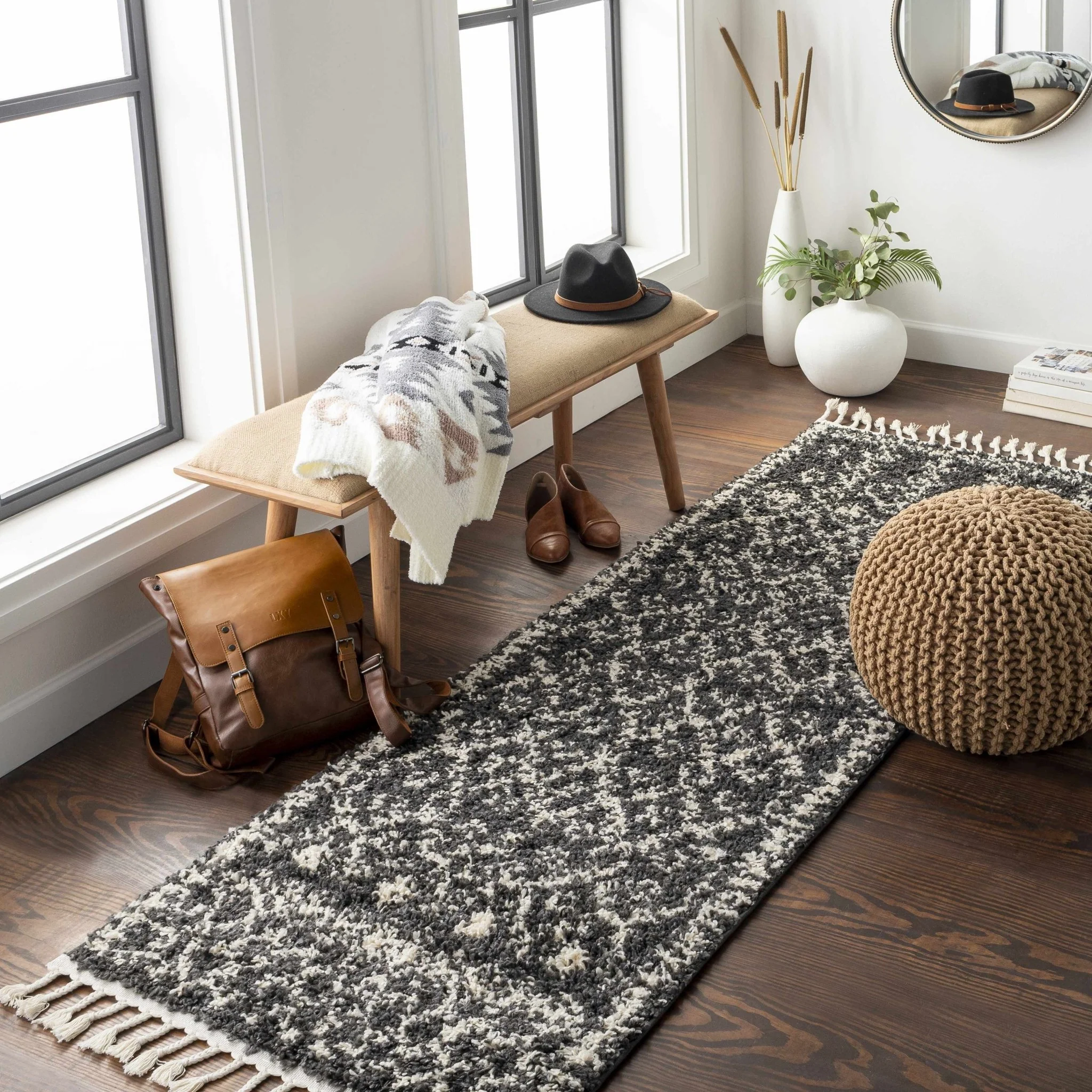 Contemporary Black and Beige Tribal Design Plush Pile Area Rug - Image 20