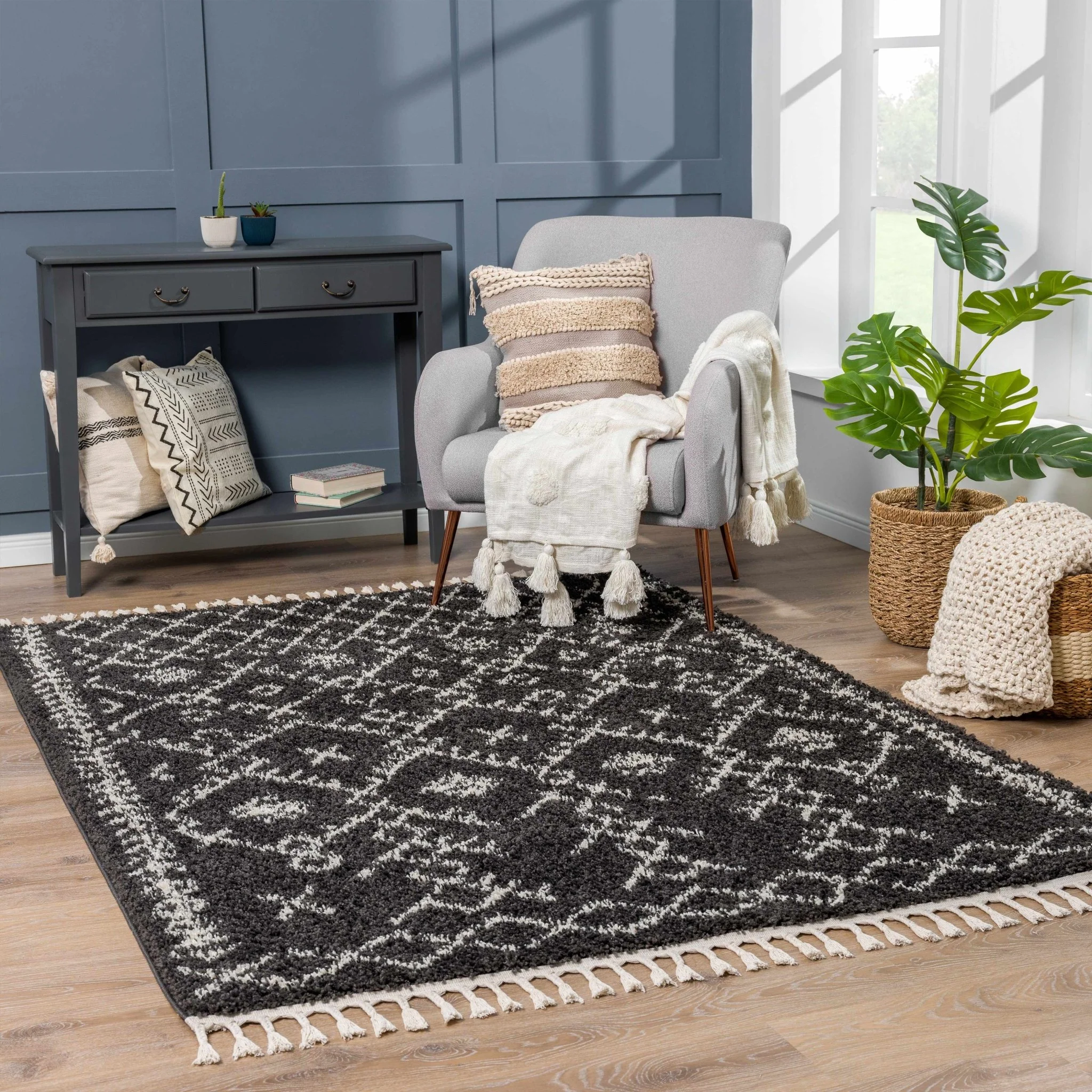 Contemporary Black and Beige Tribal Design Plush Pile Area Rug - Image 3