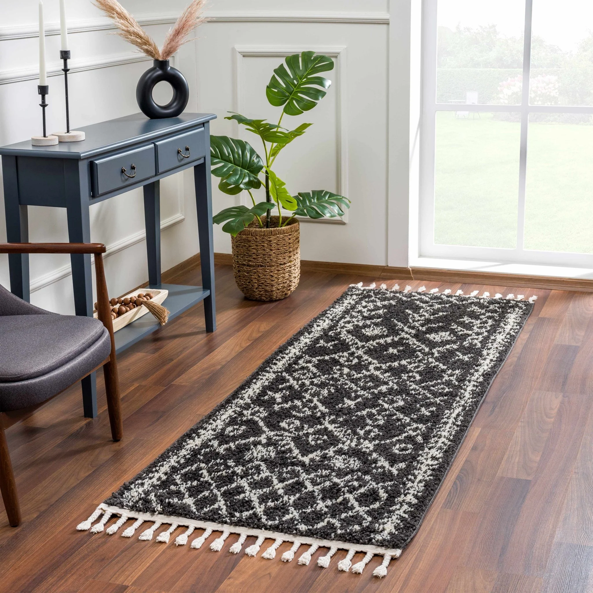 Contemporary Black and Beige Tribal Design Plush Pile Area Rug - Image 4