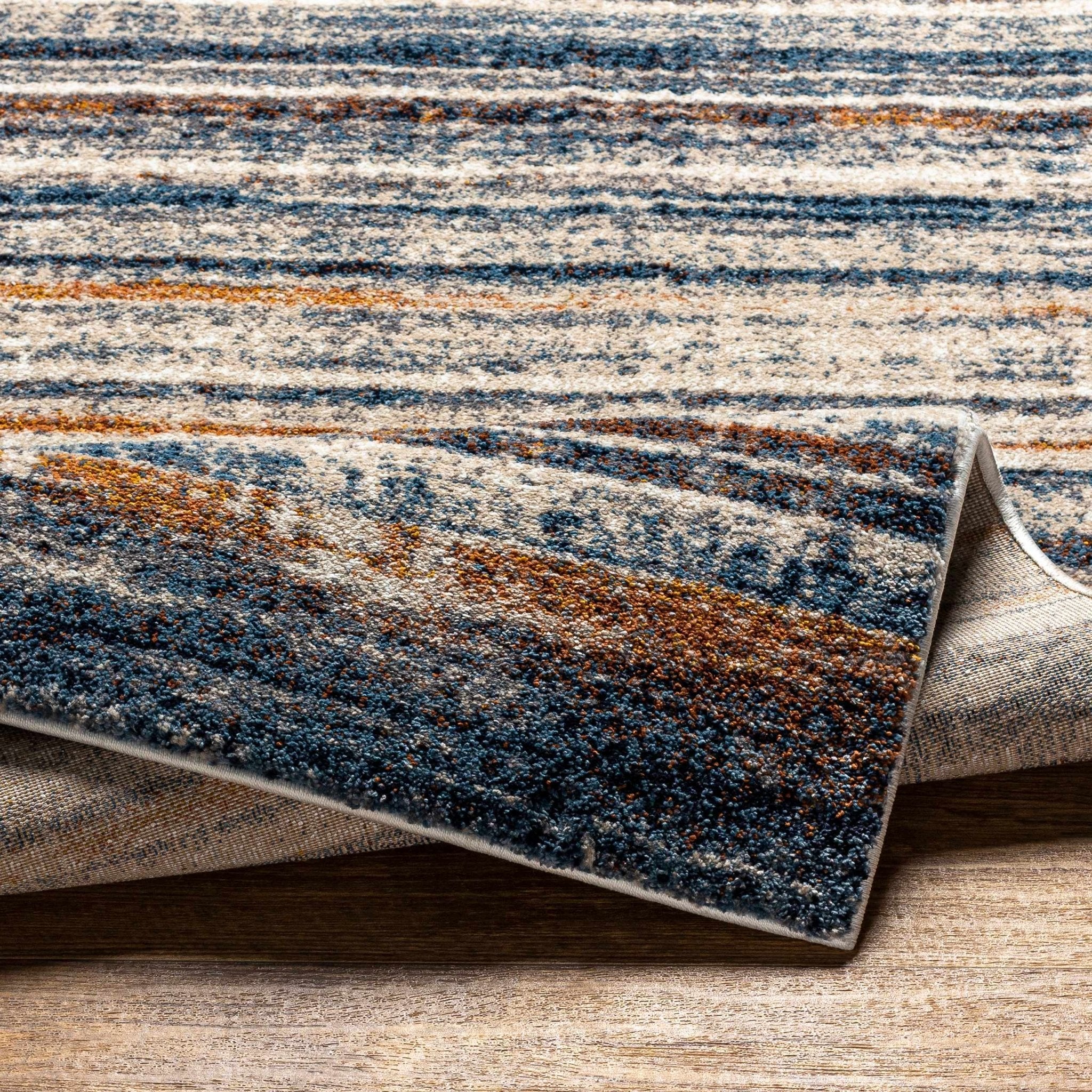 Contemporary Blue And Beige Abstract Machine Woven Rug - Image 5