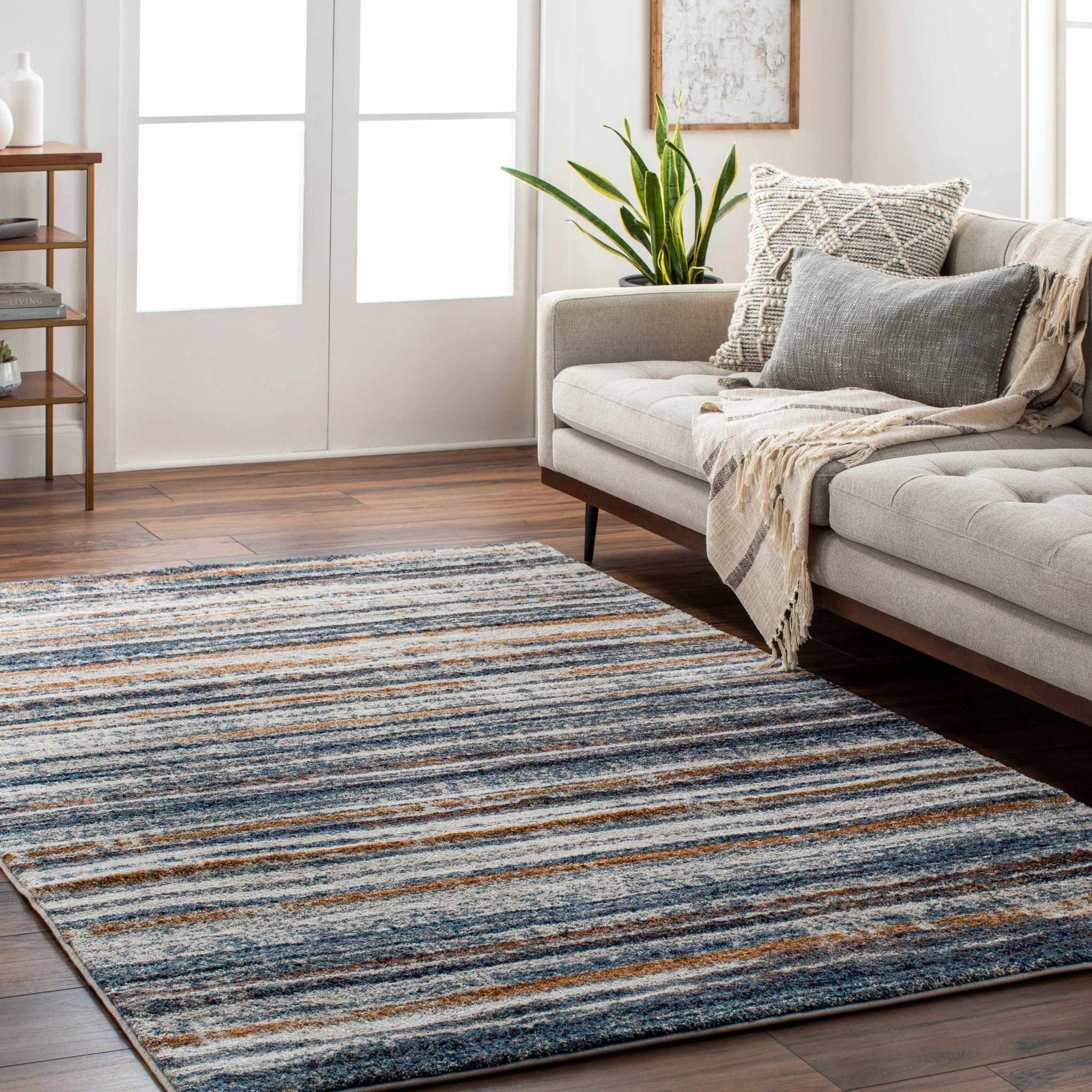 Contemporary Blue And Beige Abstract Machine Woven Rug - Image 7
