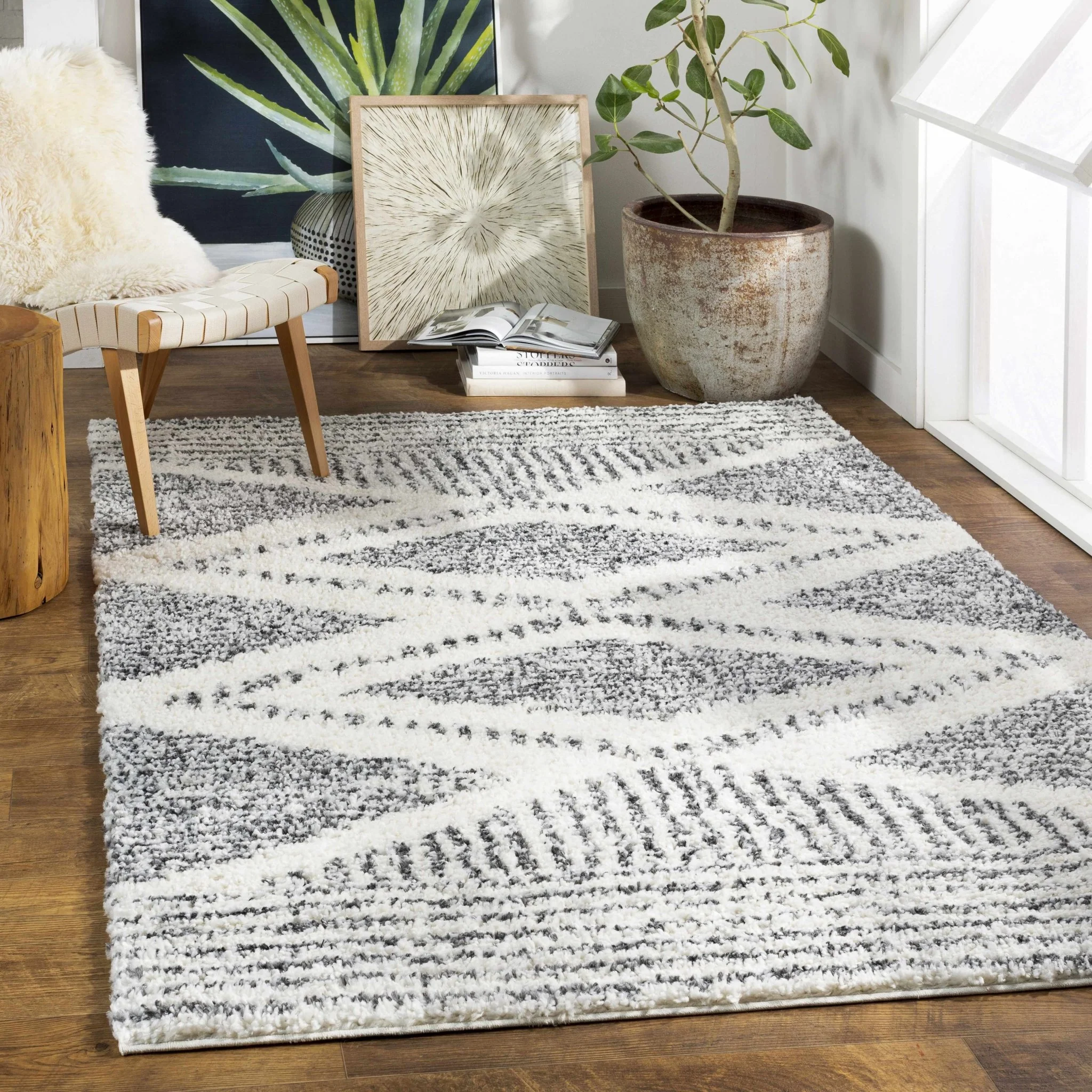 Modern Contemporary Charcoal and Ivory Geometric design Plush pile Area Rug - Image 3
