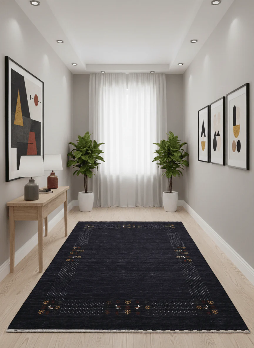 Contemporary Charcoal Gabbeh Border Hand Loomed Wool Area Rug - Image 2
