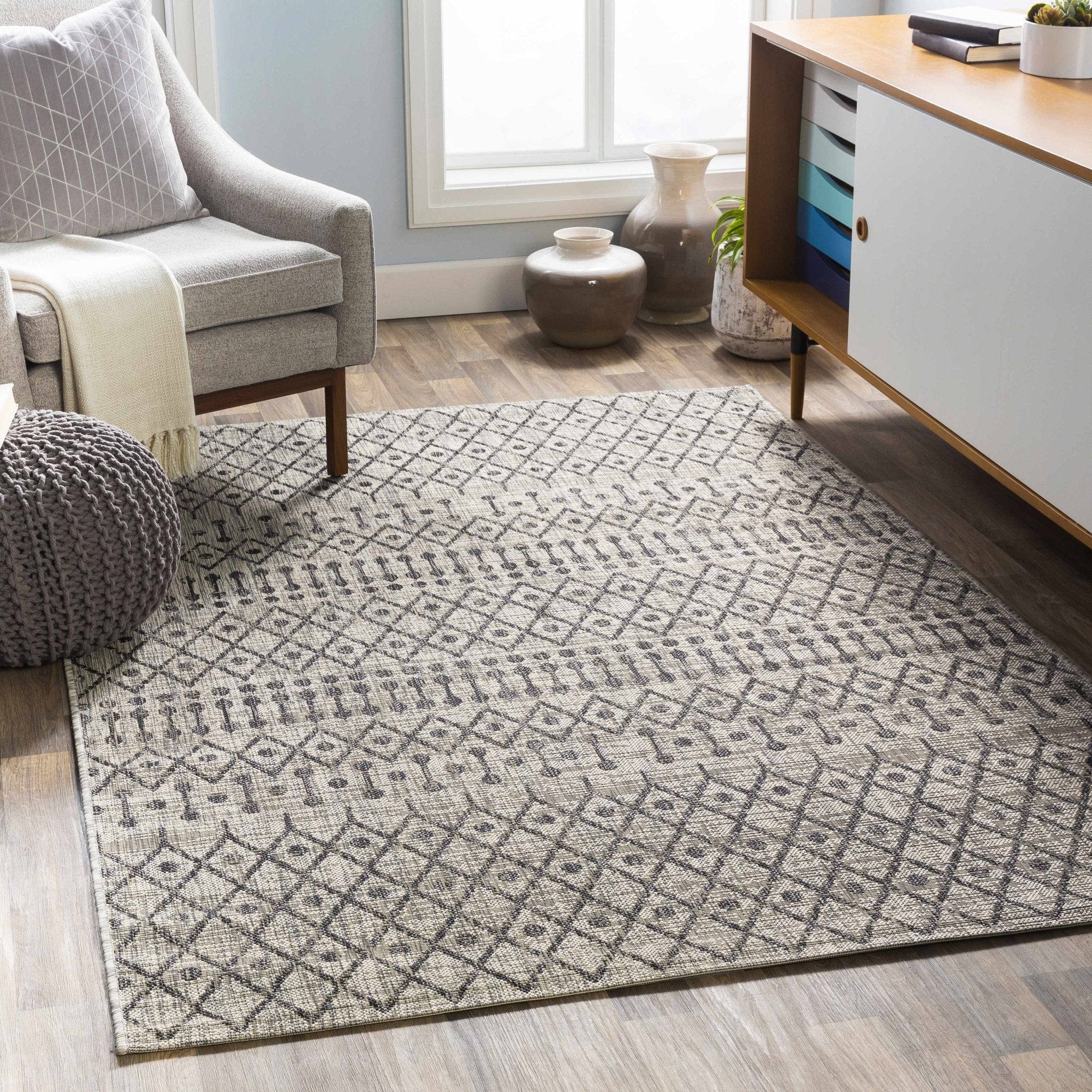Contemporary Charcoal and Beige Tribal Design flatwoven Area Rug - Image 2