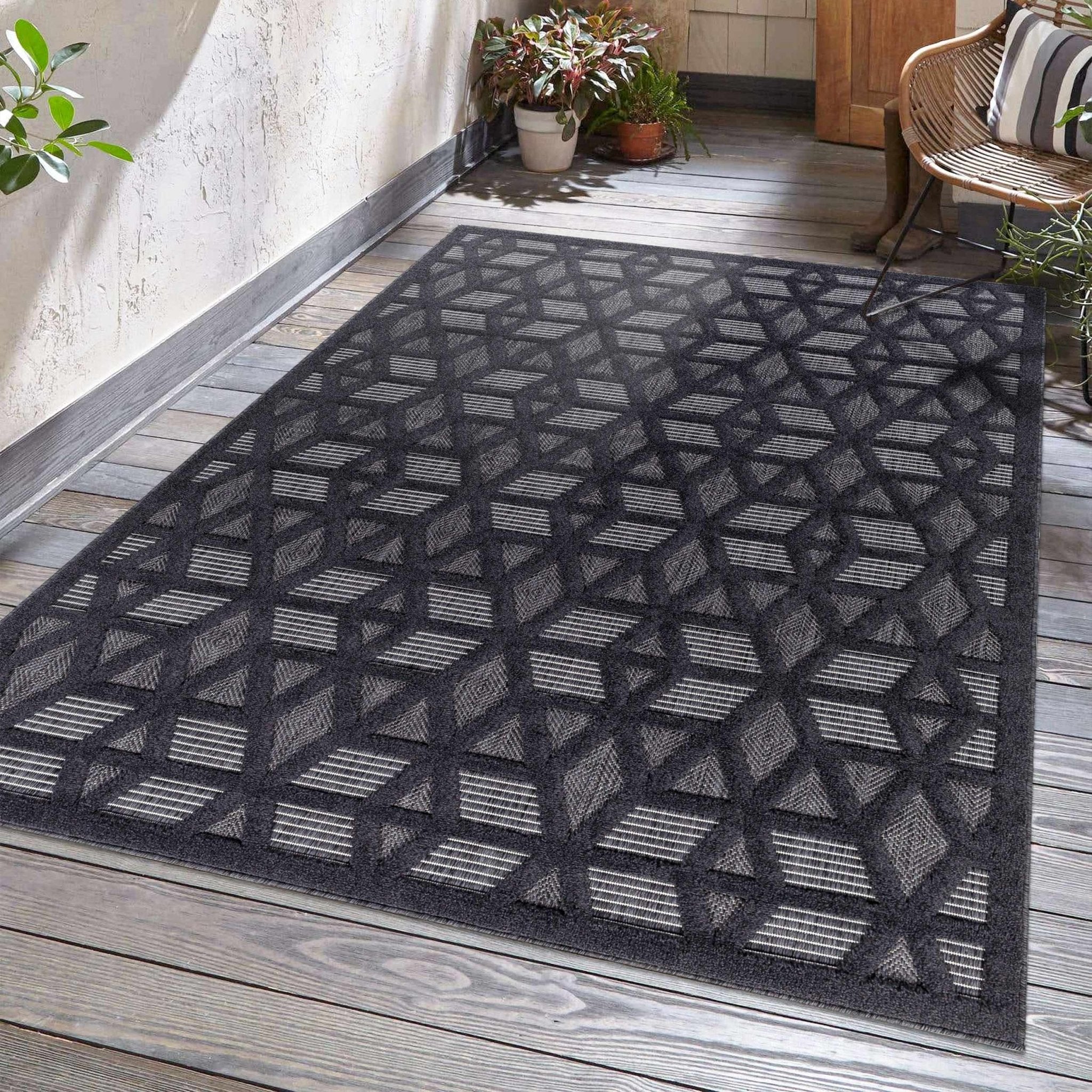 Contemporary Geometric Black and Gray Medium Pile Outdoor Area Rug - Image 14