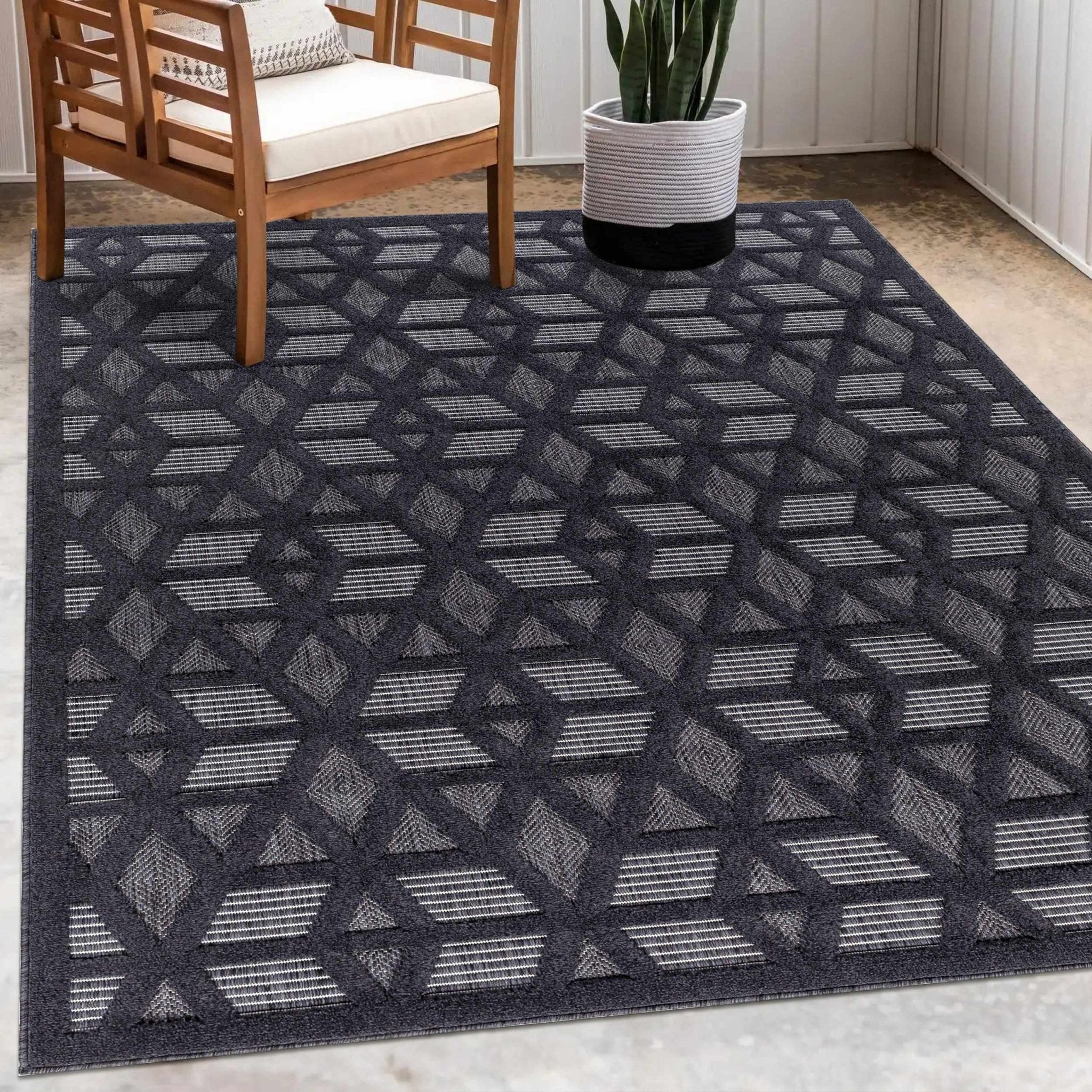 Contemporary Geometric Black and Gray Medium Pile Outdoor Area Rug - Image 15
