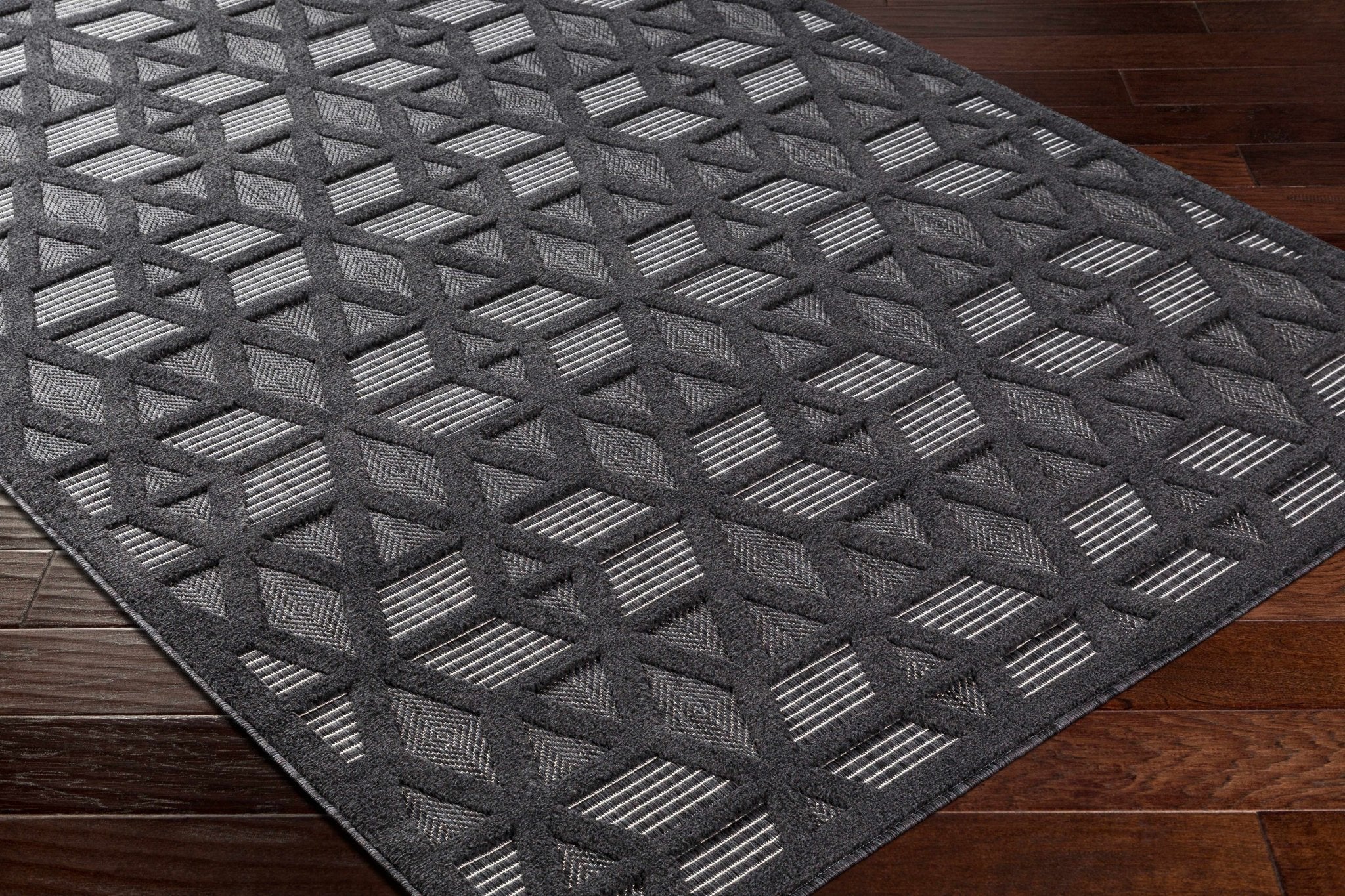 Contemporary Geometric Black and Gray Medium Pile Outdoor Area Rug - Image 3