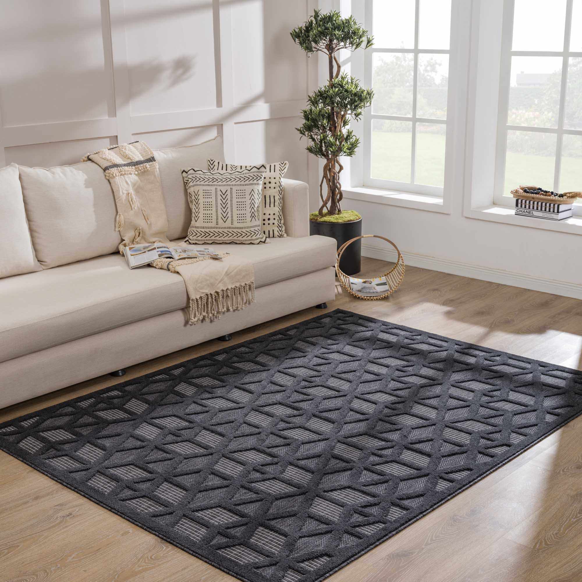 Contemporary Geometric Black and Gray Medium Pile Outdoor Area Rug - Image 4