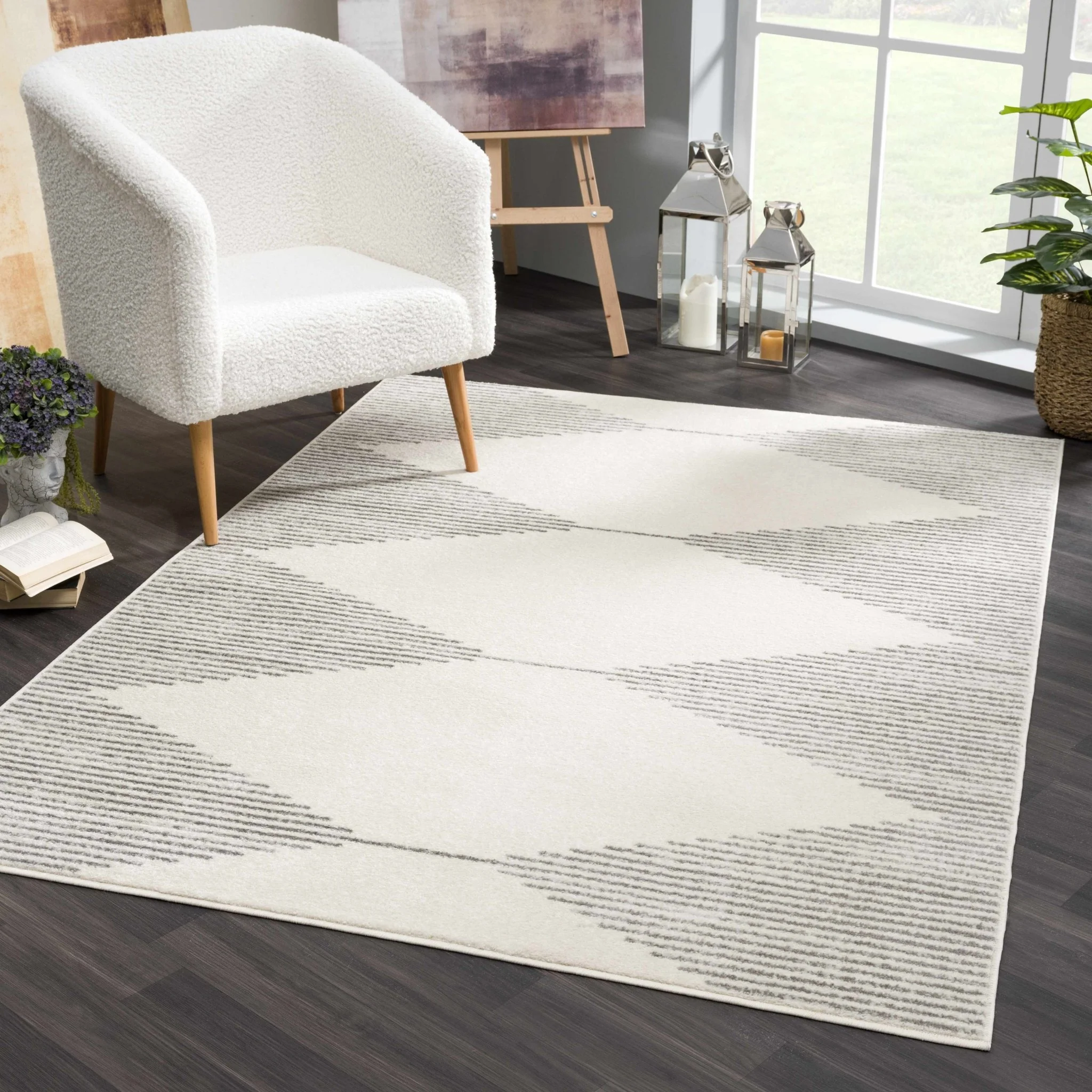 Contemporary Geometric Gray and Ivory Low Pile Area Rug - Image 2