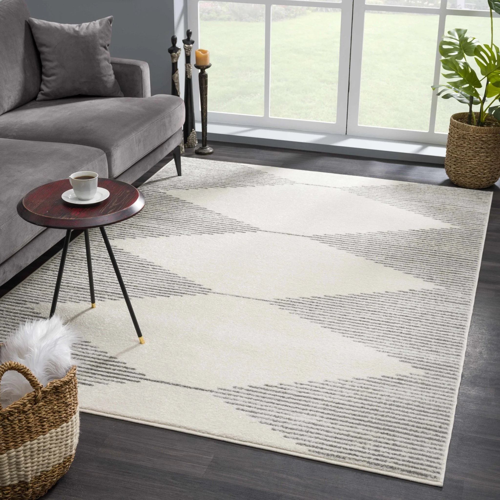 Contemporary Geometric Gray and Ivory Low Pile Area Rug - Image 3