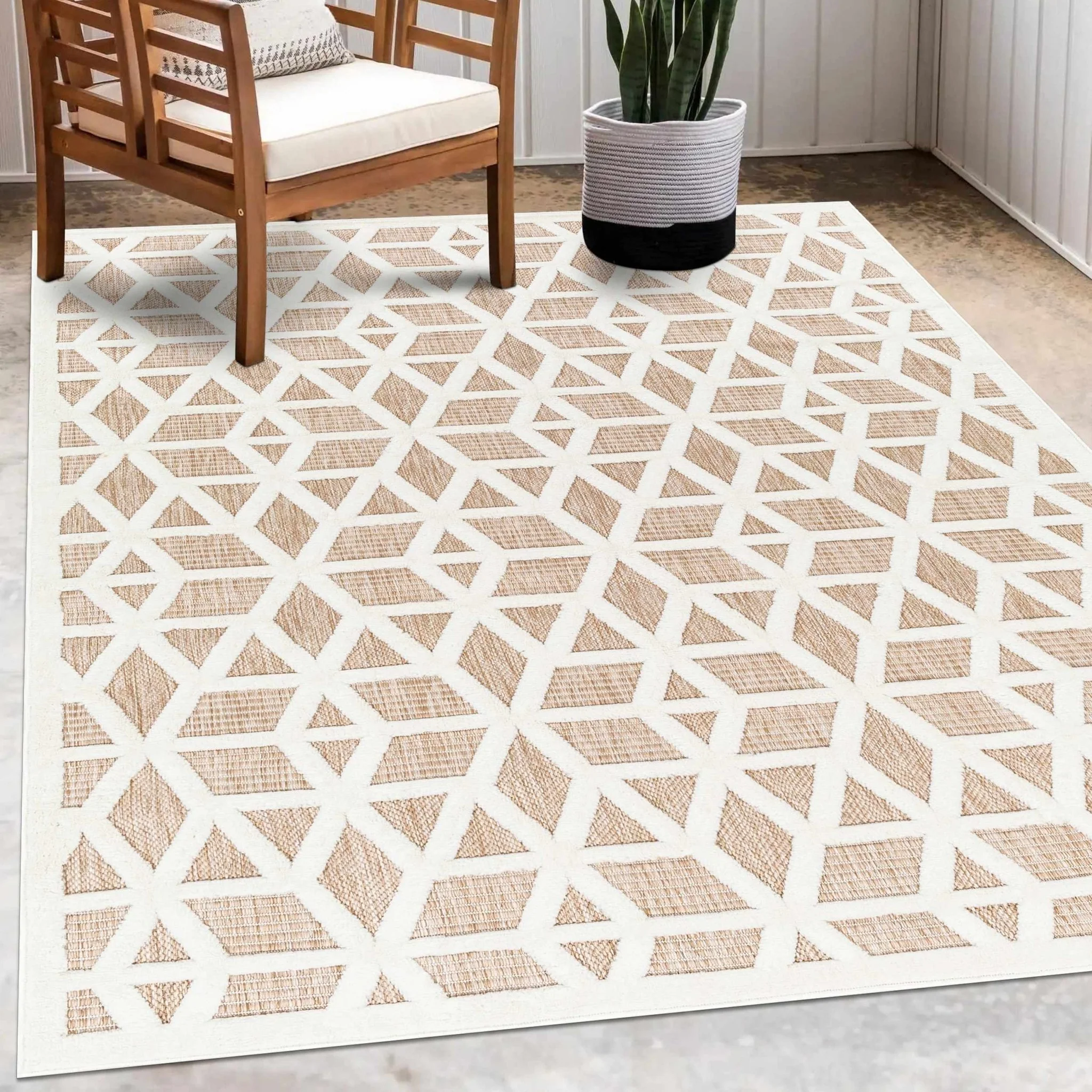 Contemporary Geometric Ivory and Camel Medium Pile Outdoor Area Rug - Image 10
