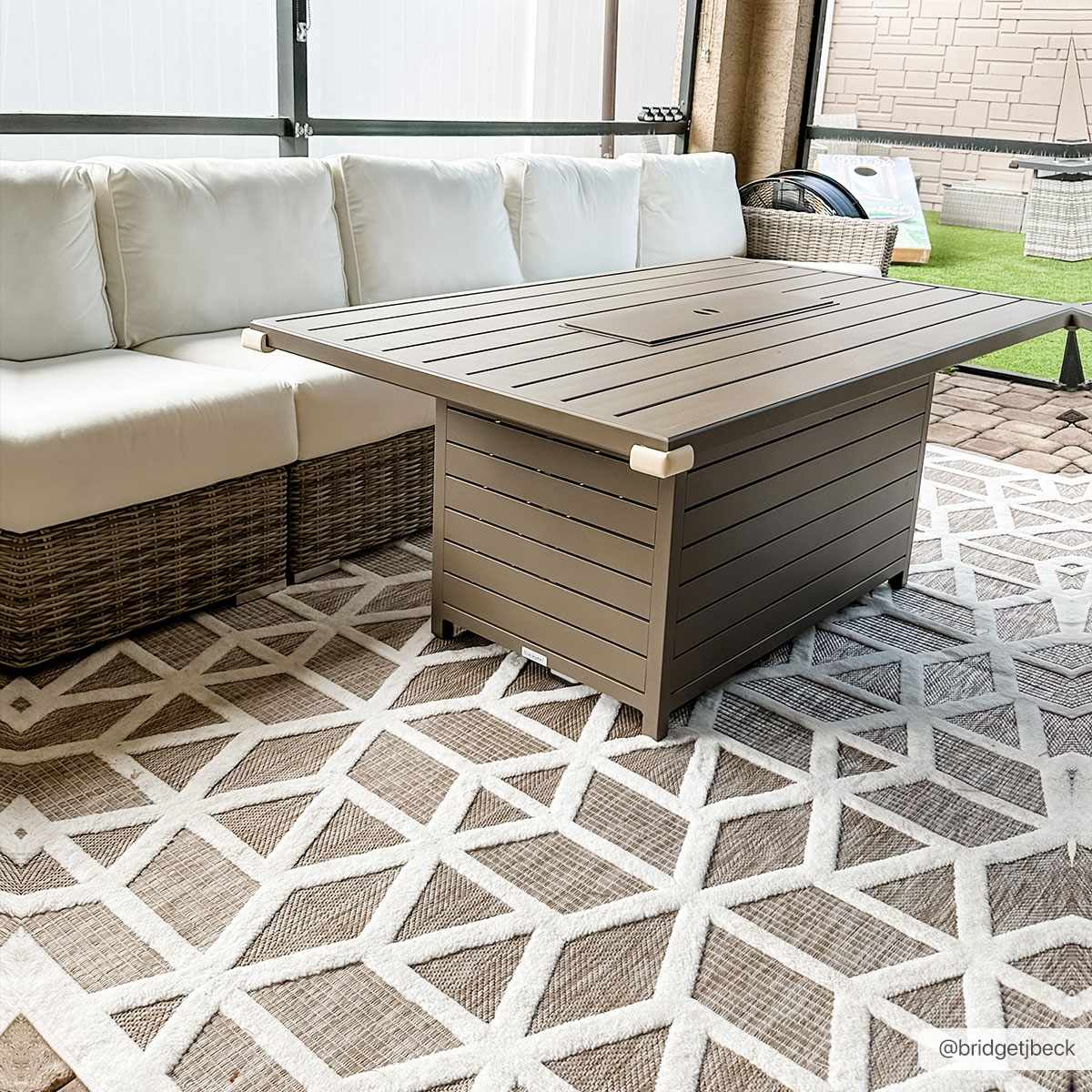 Contemporary Geometric Ivory and Camel Medium Pile Outdoor Area Rug - Image 2
