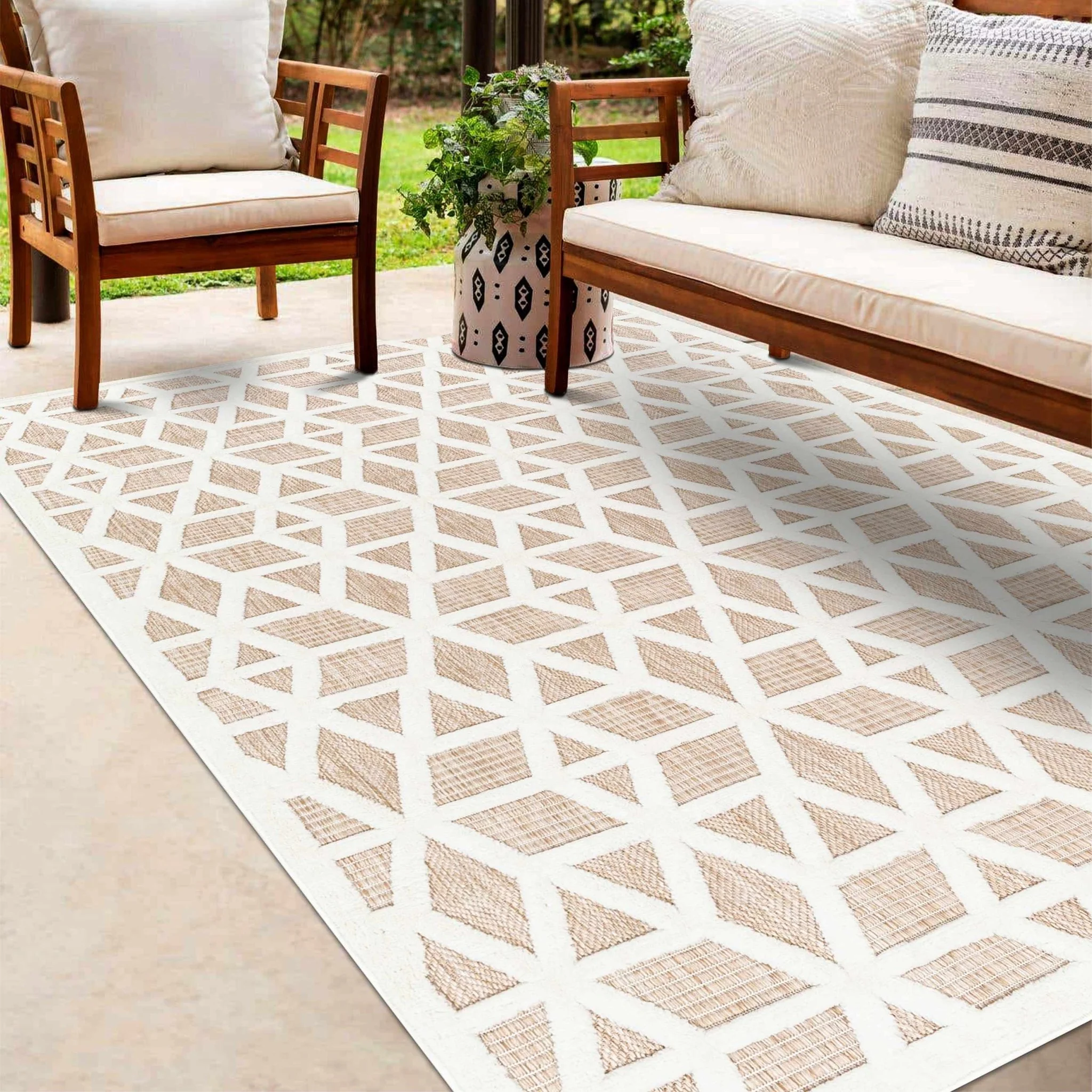 Contemporary Geometric Ivory and Camel Medium Pile Outdoor Area Rug - Image 3