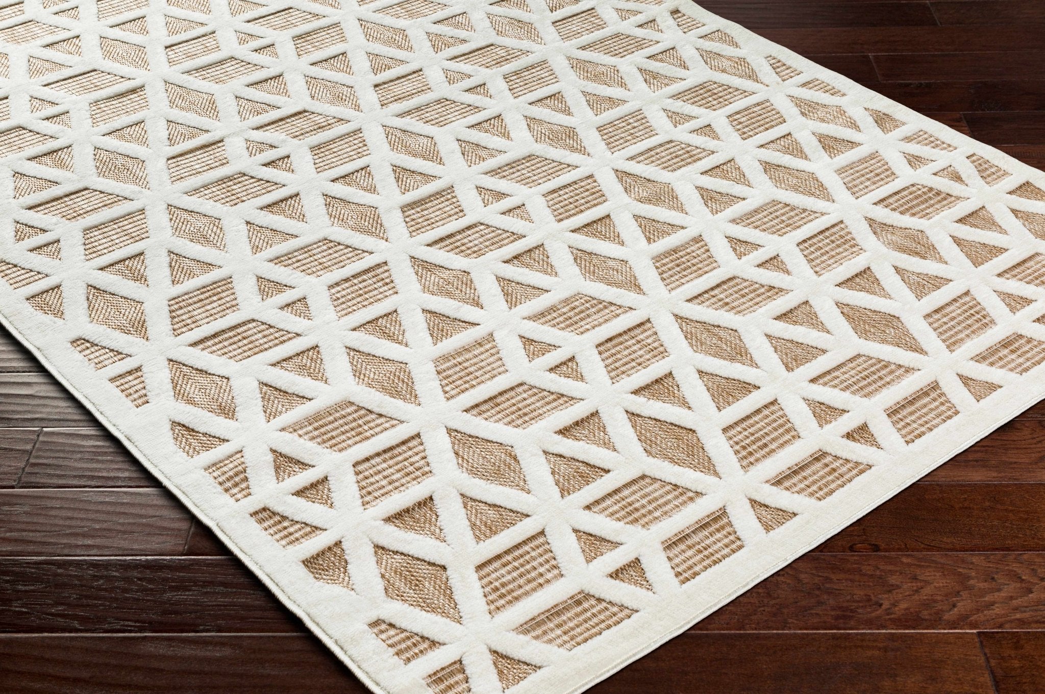 Contemporary Geometric Ivory and Camel Medium Pile Outdoor Area Rug - Image 4
