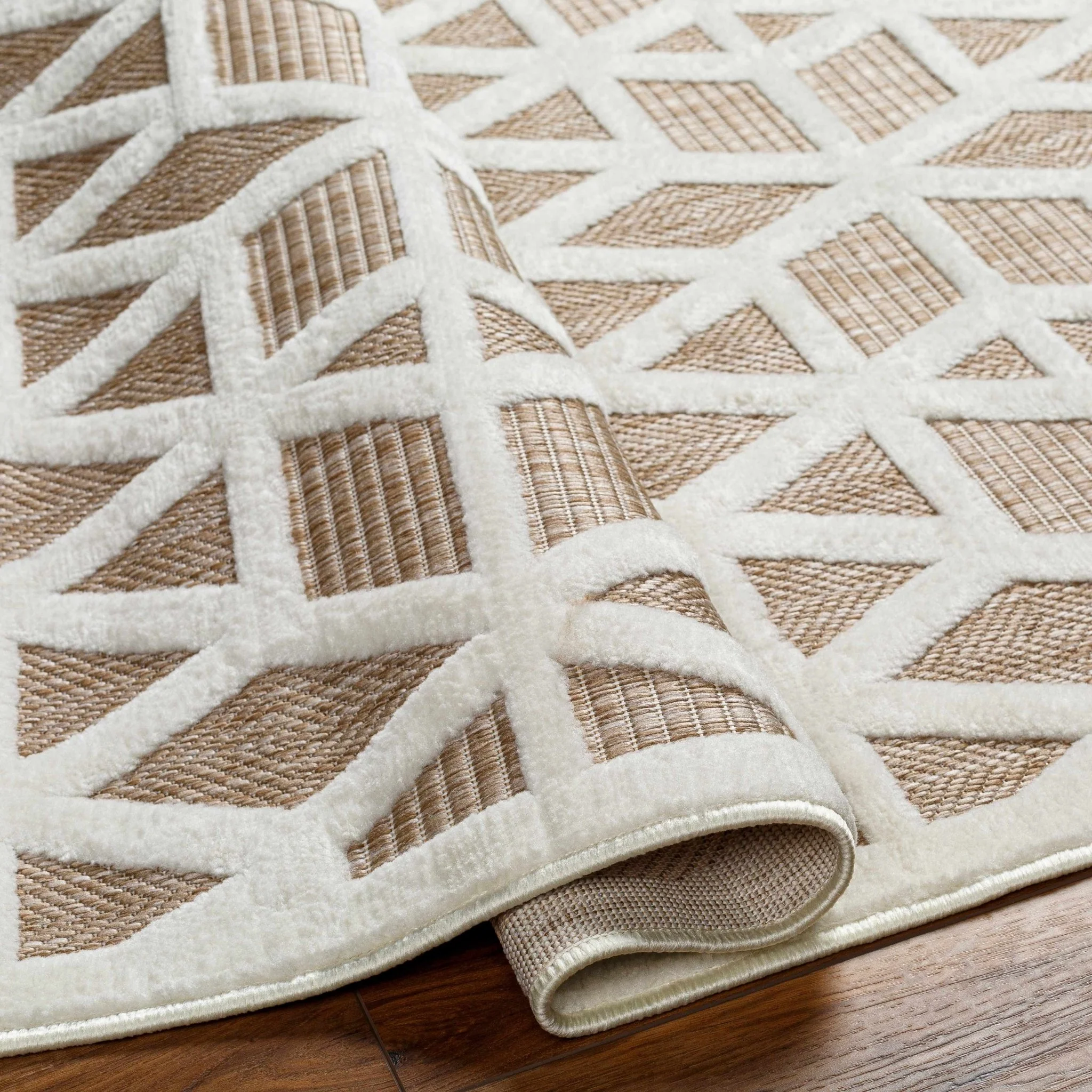 Contemporary Geometric Ivory and Camel Medium Pile Outdoor Area Rug - Image 6