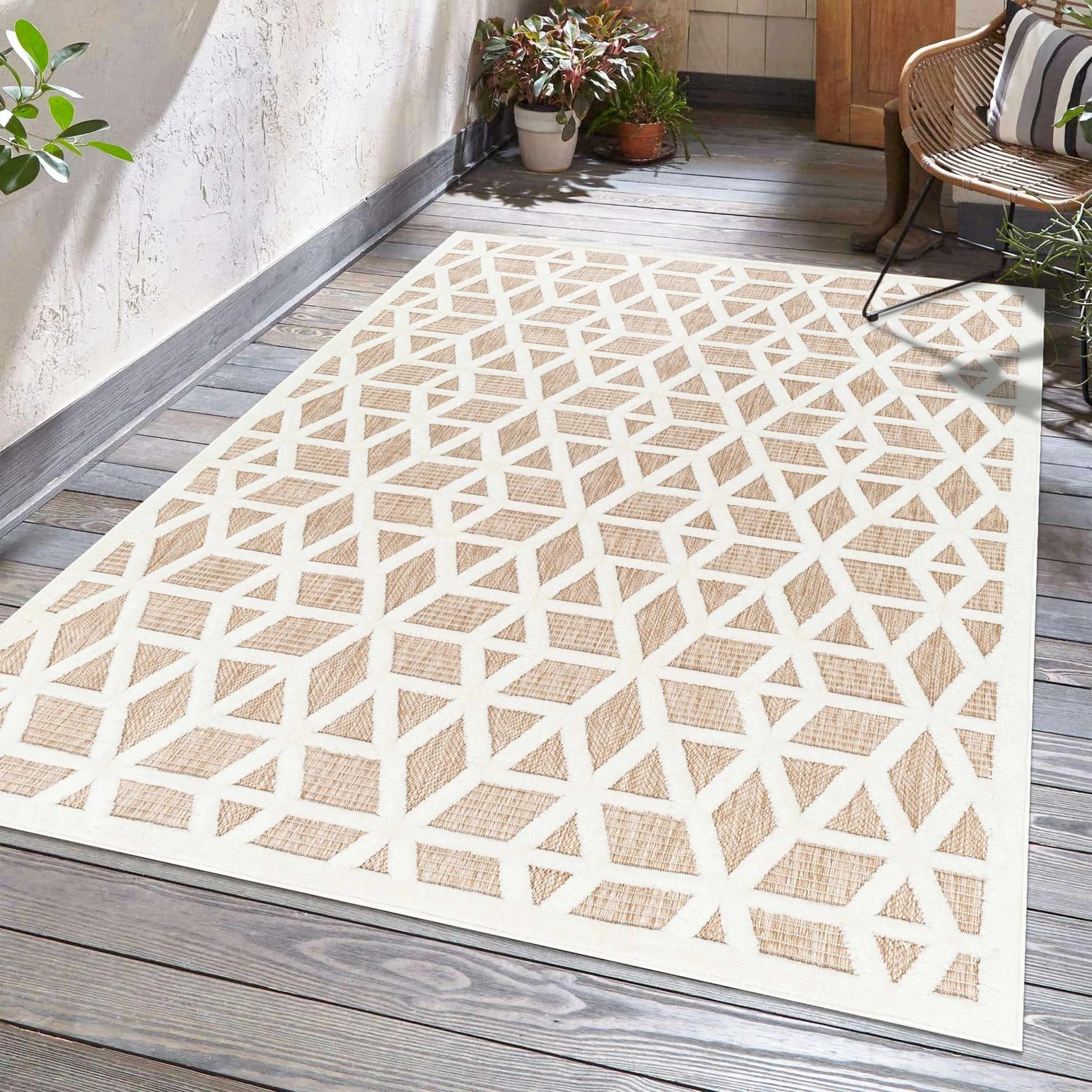 Contemporary Geometric Ivory and Camel Medium Pile Outdoor Area Rug - Image 9