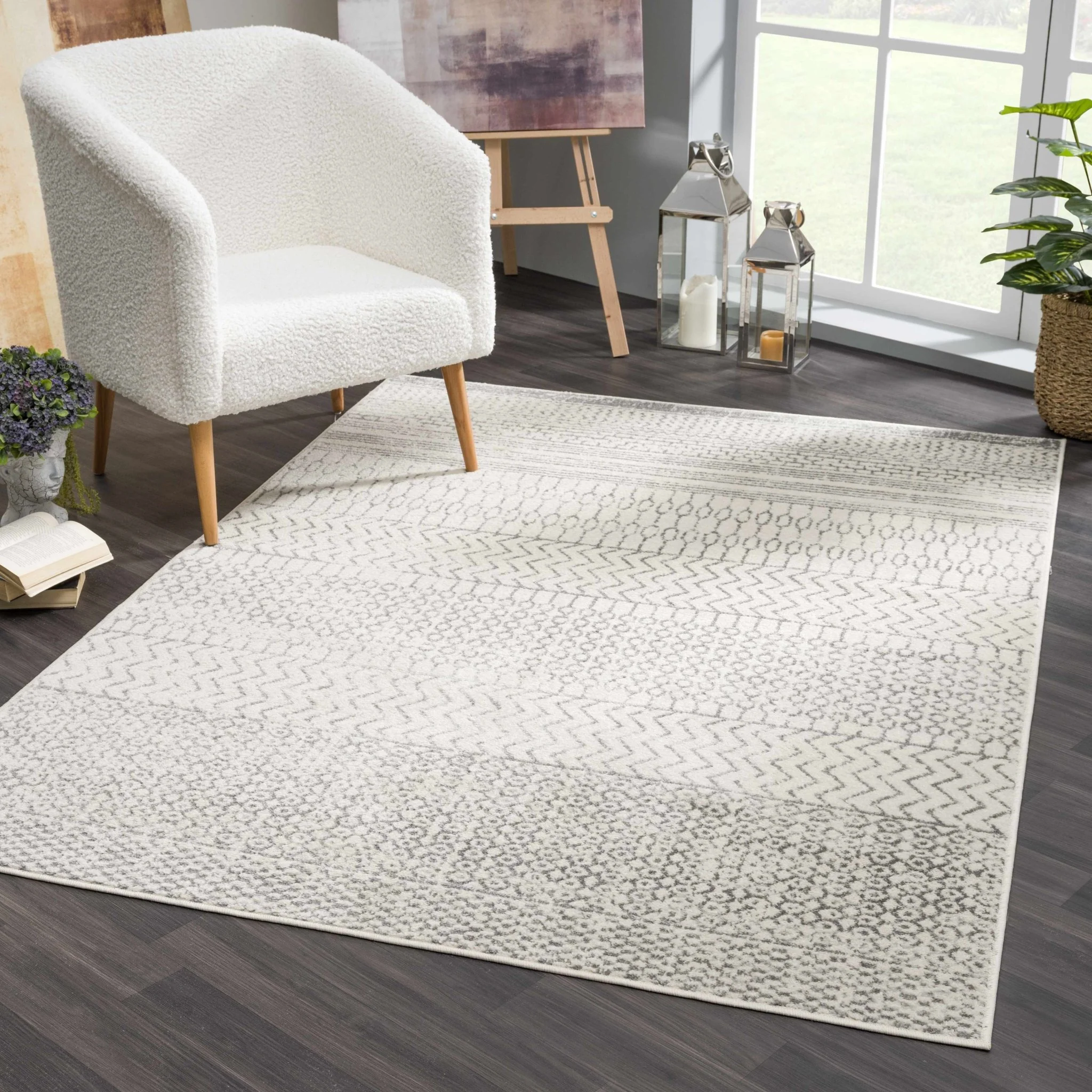 Contemporary Gray and Ivory Tribal Design Low Pile Indoor Area Rug - Image 2