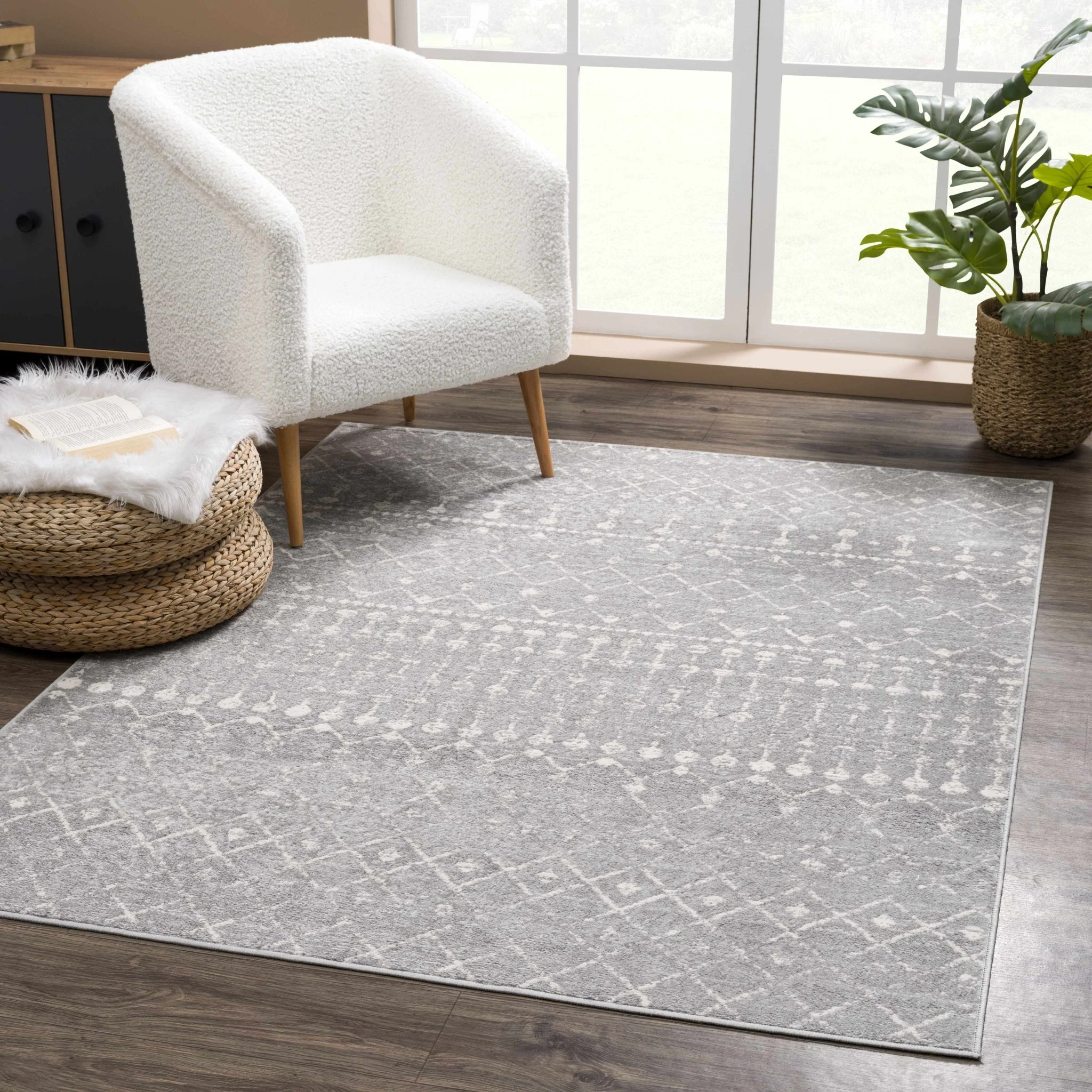 Contemporary Gray and Ivory Low pile Tribal Design Area Rug - Image 11