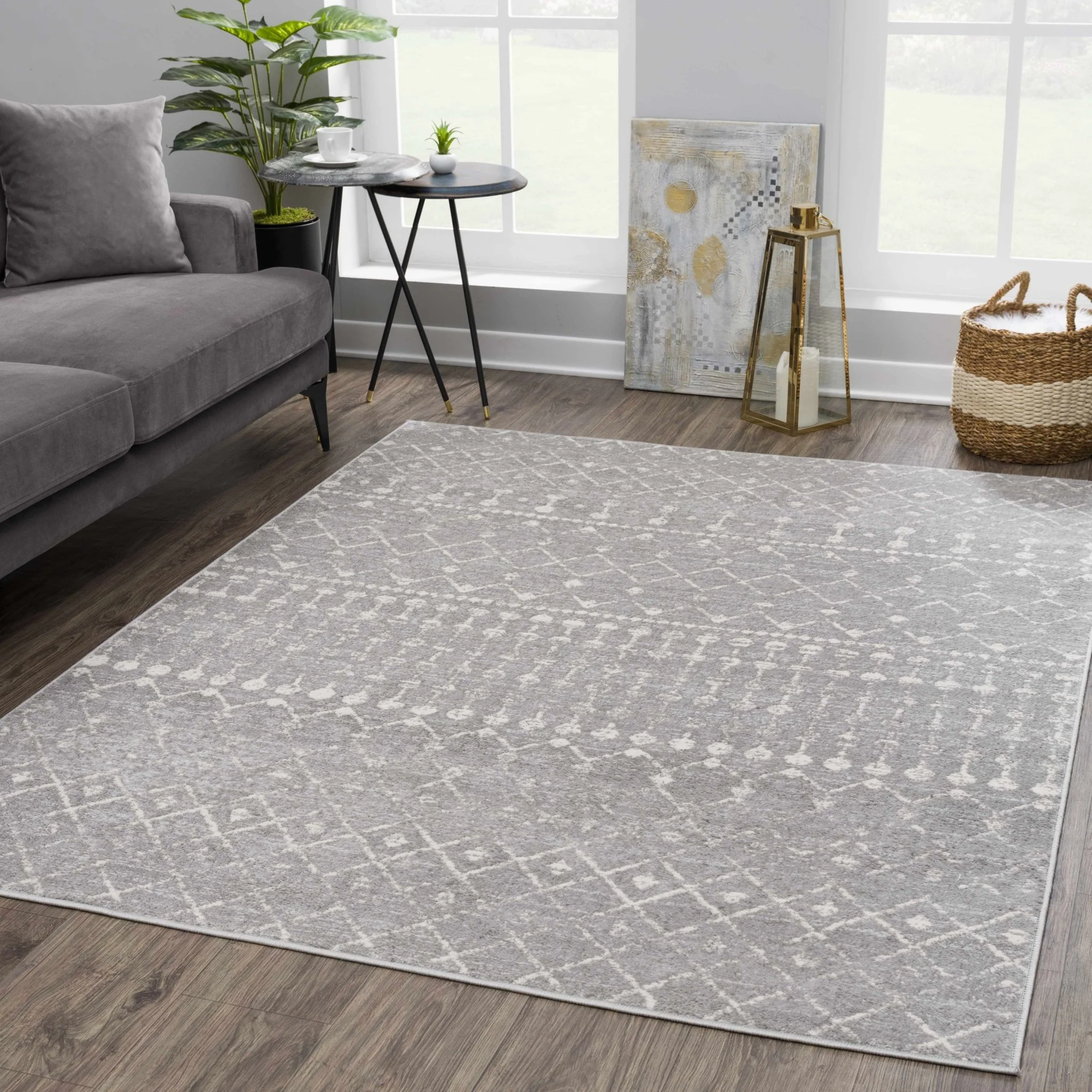 Contemporary Gray and Ivory Low pile Tribal Design Area Rug - Image 2