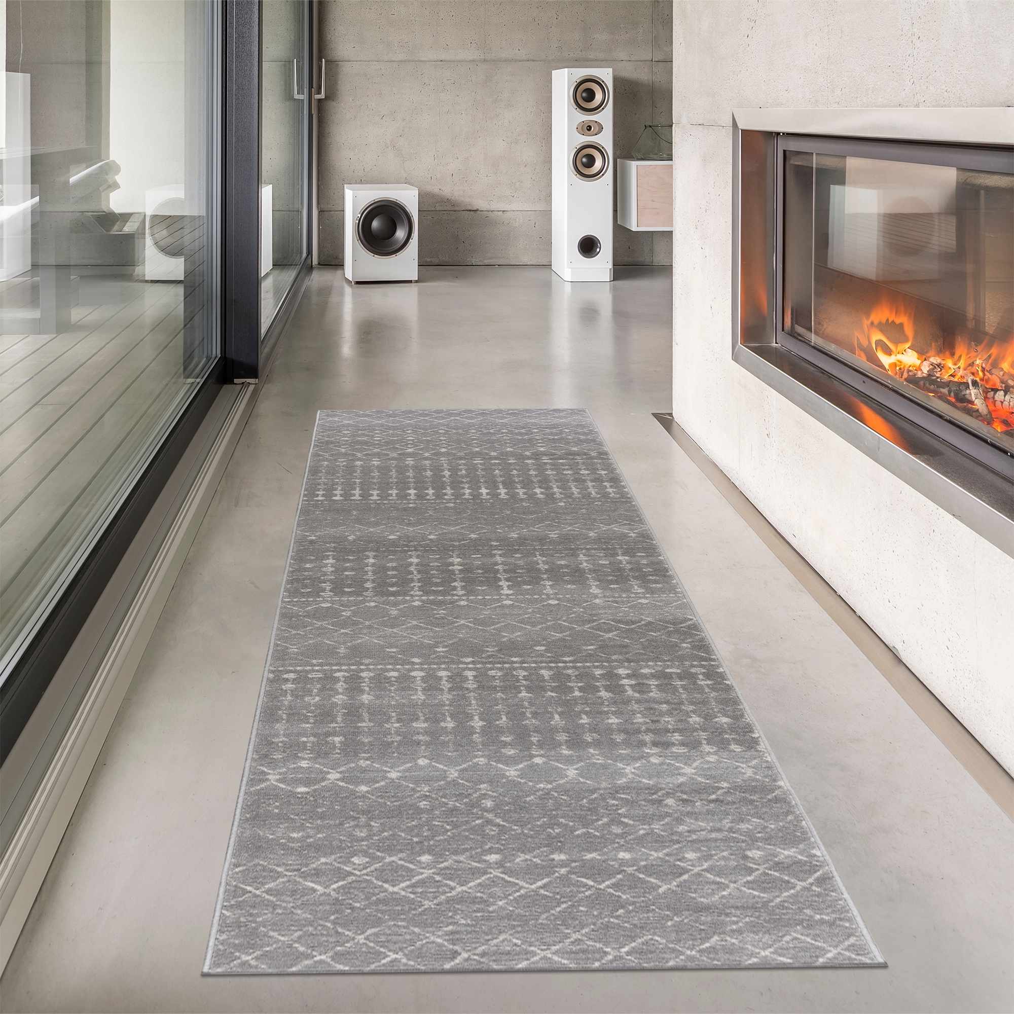 Contemporary Gray and Ivory Low pile Tribal Design Area Rug - Image 3