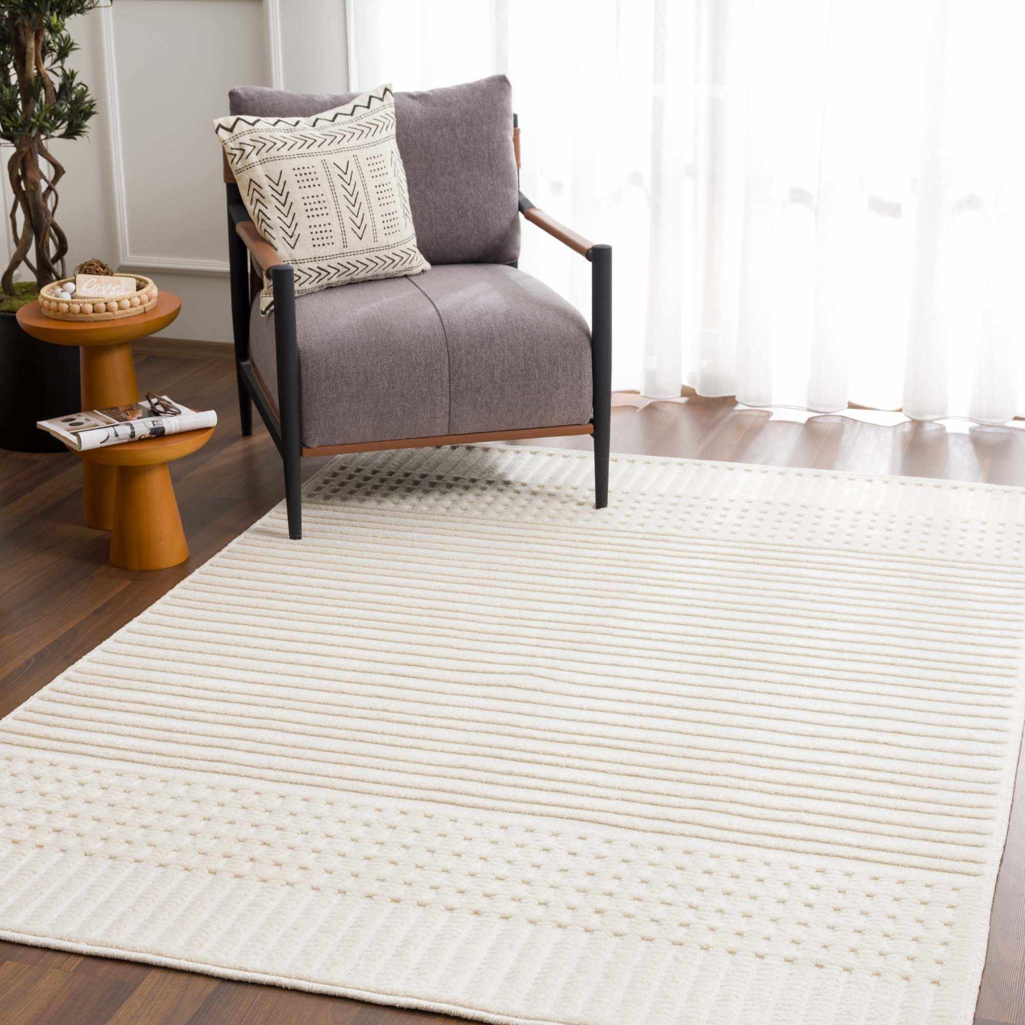 Modern Contemporary Ivory and Beige Medium pile Washable Area Rug - Image 3