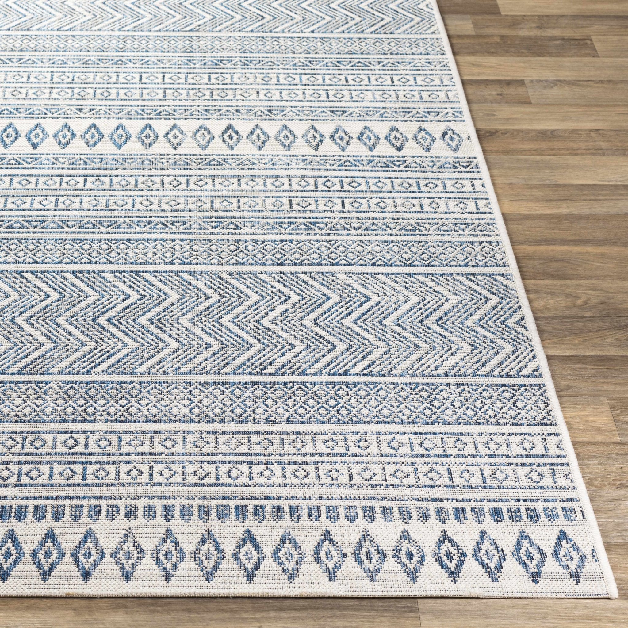 Traditional Contemporary Ivory and Blue Tribal Design Outdoor Area Rug - Image 13