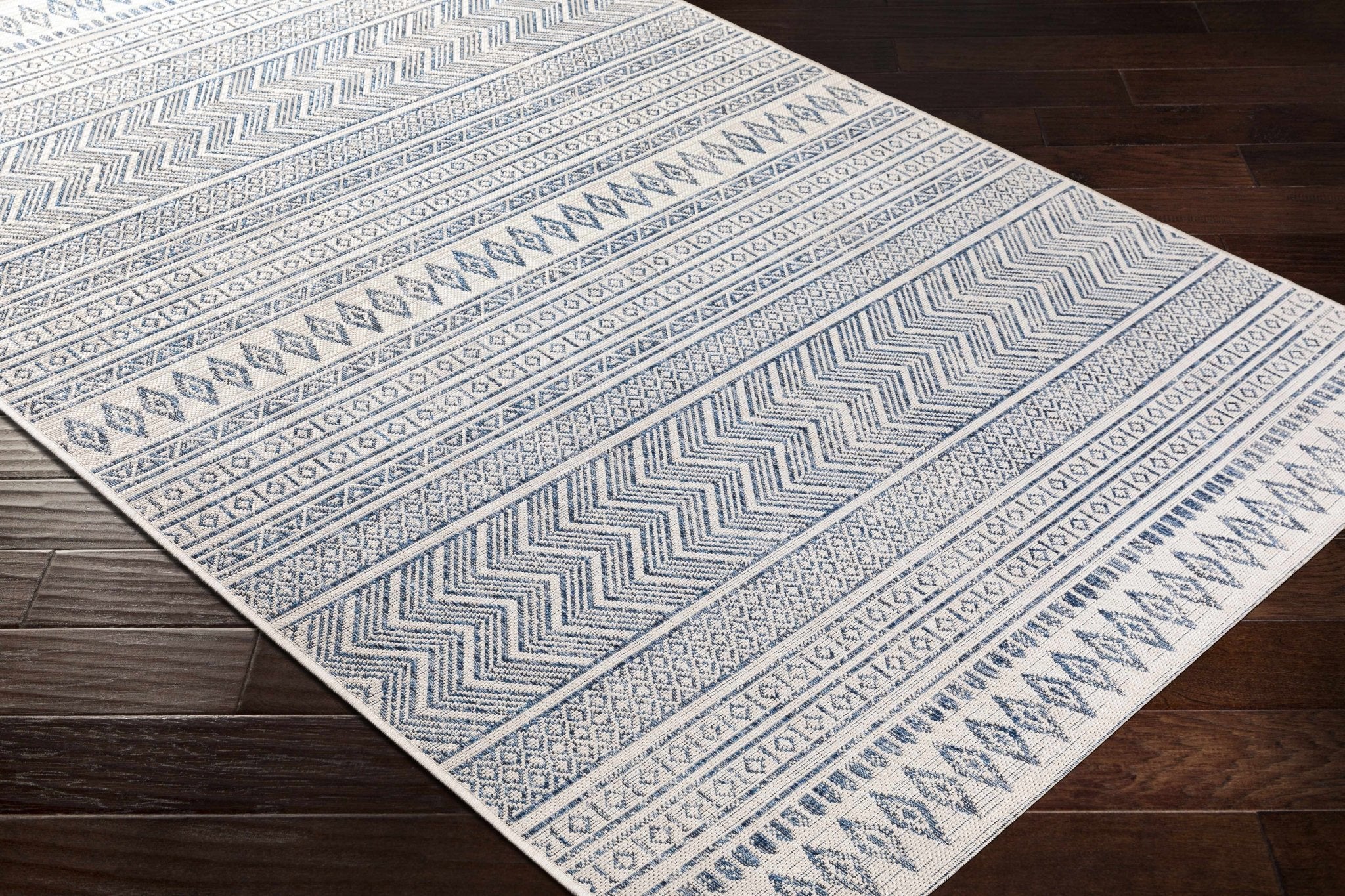 Traditional Contemporary Ivory and Blue Tribal Design Outdoor Area Rug - Image 14