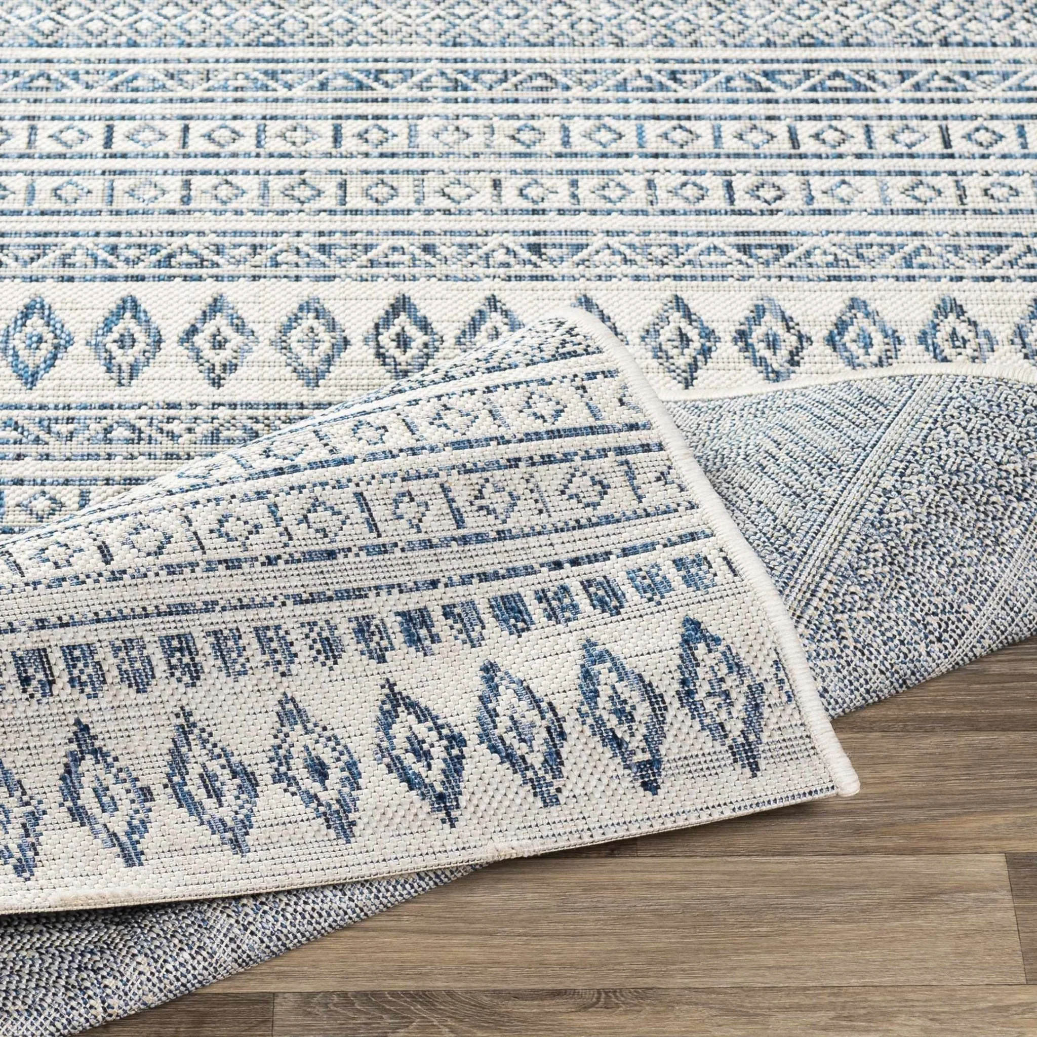 Traditional Contemporary Ivory and Blue Tribal Design Outdoor Area Rug - Image 15
