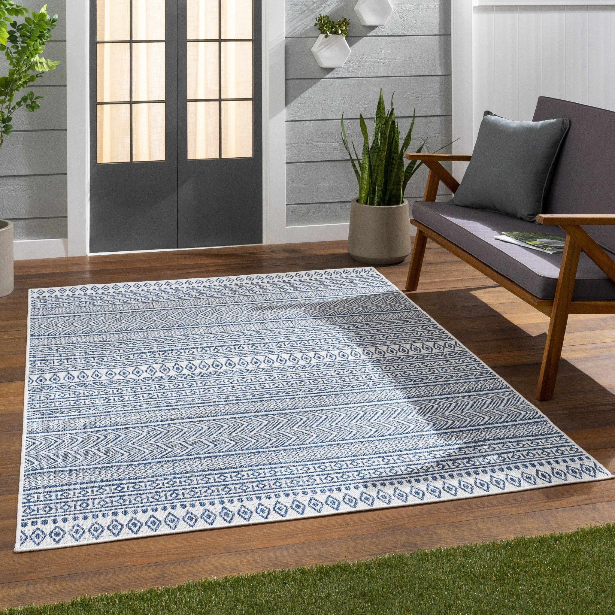 Traditional Contemporary Ivory and Blue Tribal Design Outdoor Area Rug - Image 17