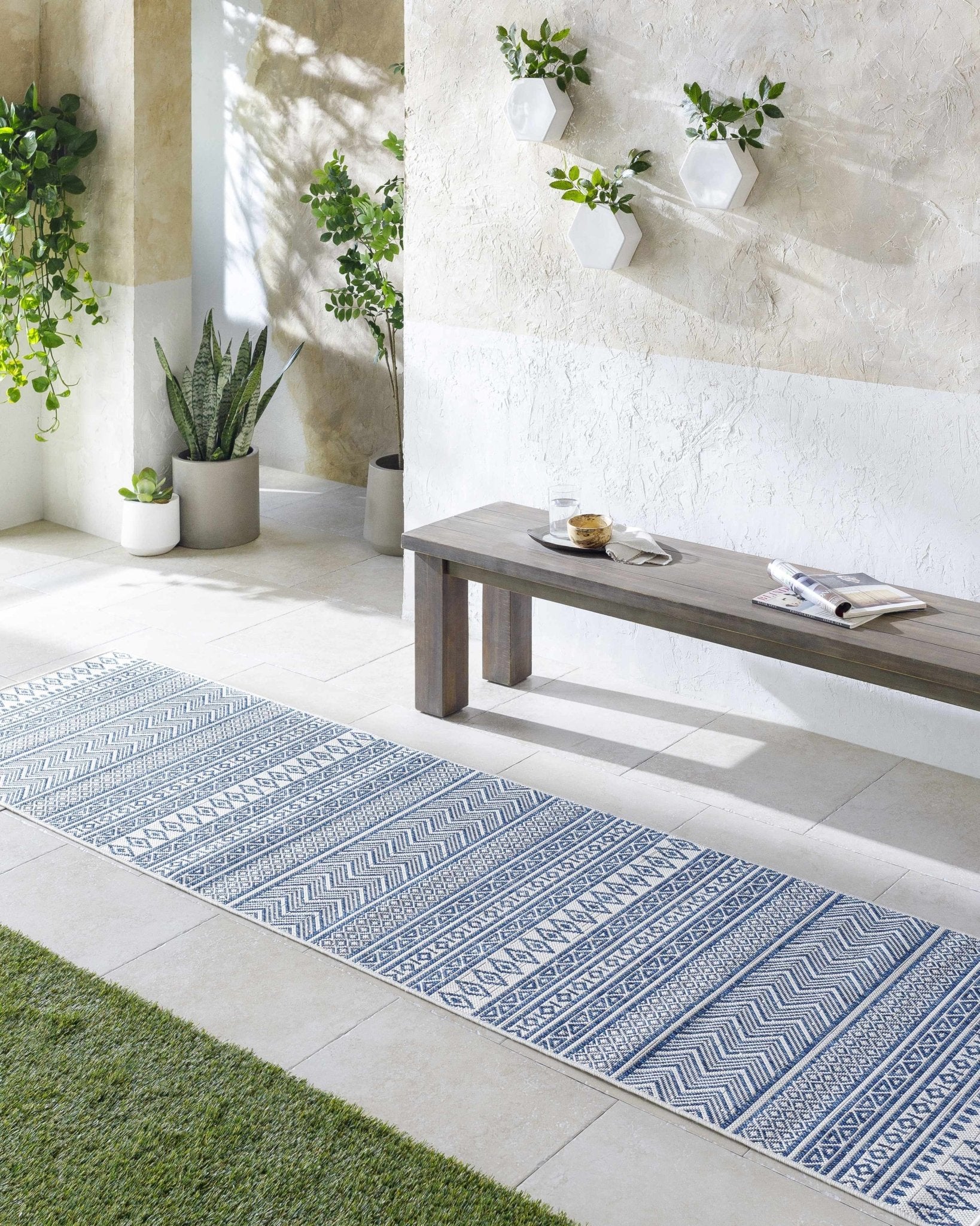 Traditional Contemporary Ivory and Blue Tribal Design Outdoor Area Rug - Image 18