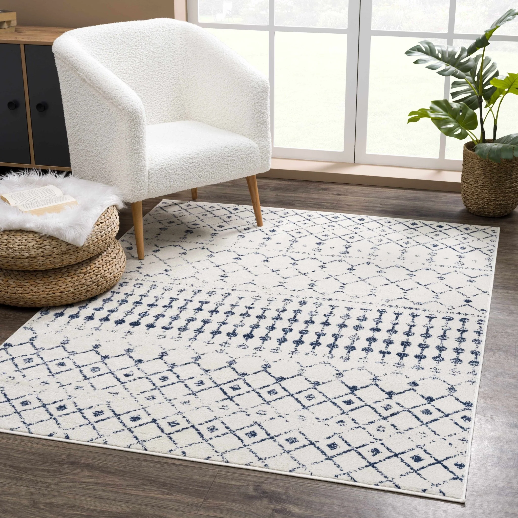Contemporary Ivory and Blue Tribal Trellis Medium pile Area Rug - Image 11
