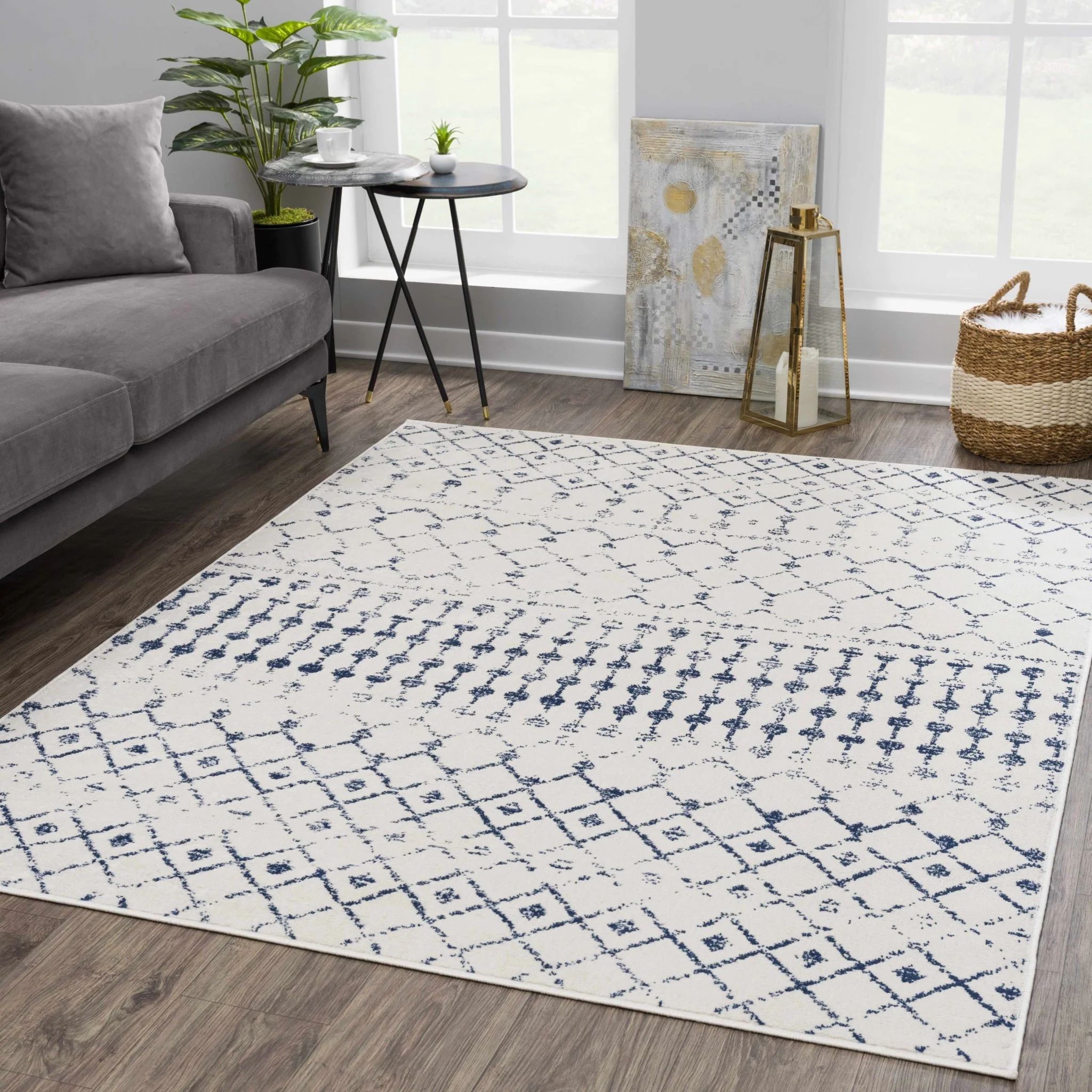 Contemporary Ivory and Blue Tribal Trellis Medium pile Area Rug - Image 2
