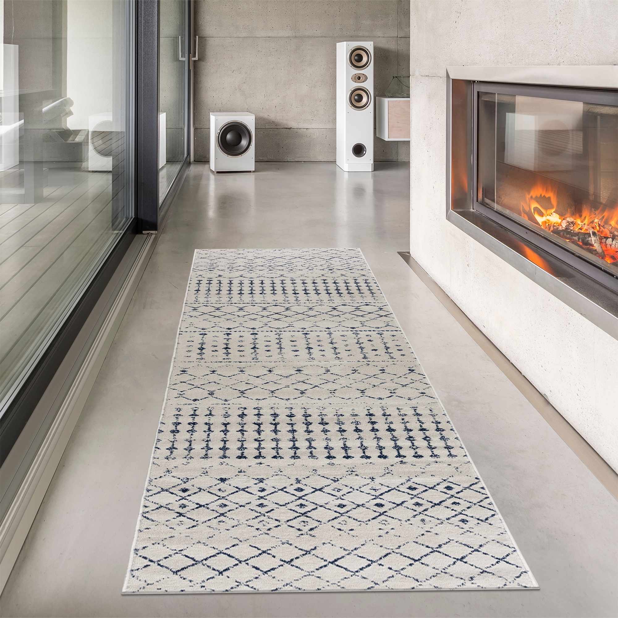 Contemporary Ivory and Blue Tribal Trellis Medium pile Area Rug - Image 3