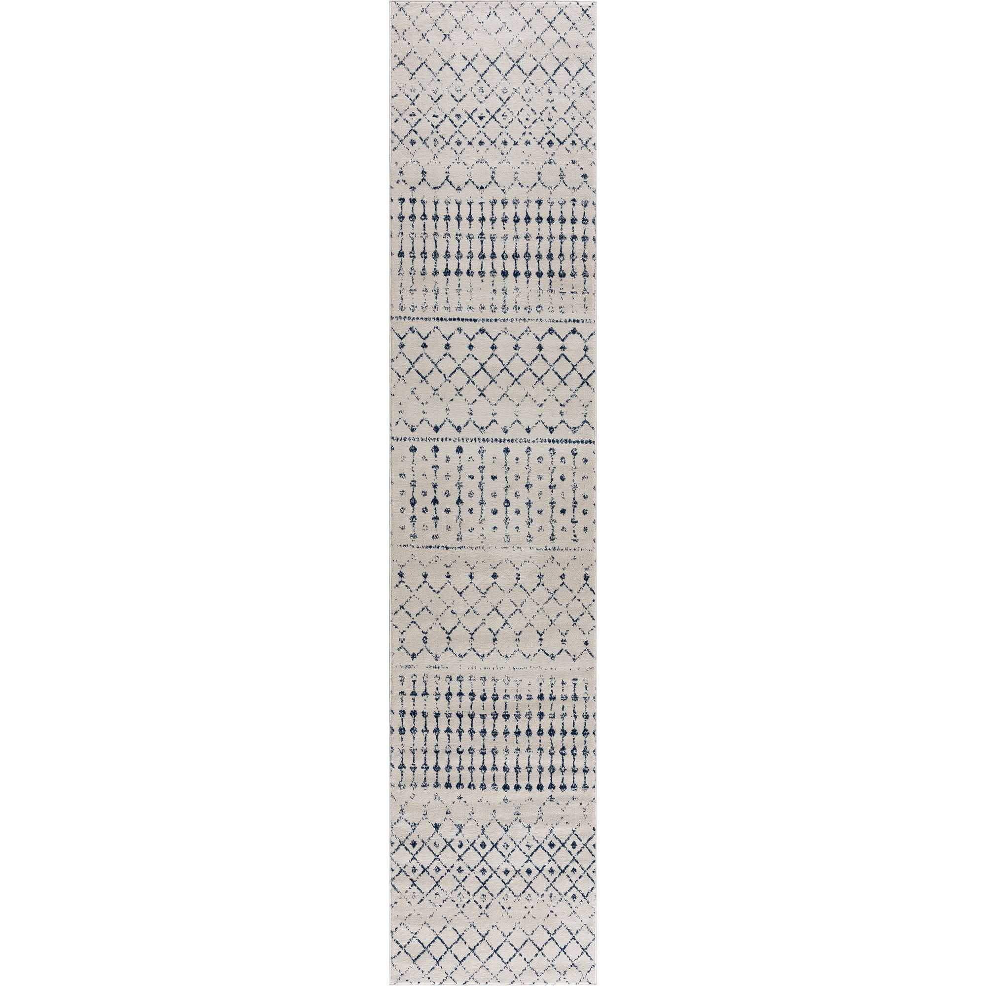 Contemporary Ivory and Blue Tribal Trellis Medium pile Area Rug - Image 5