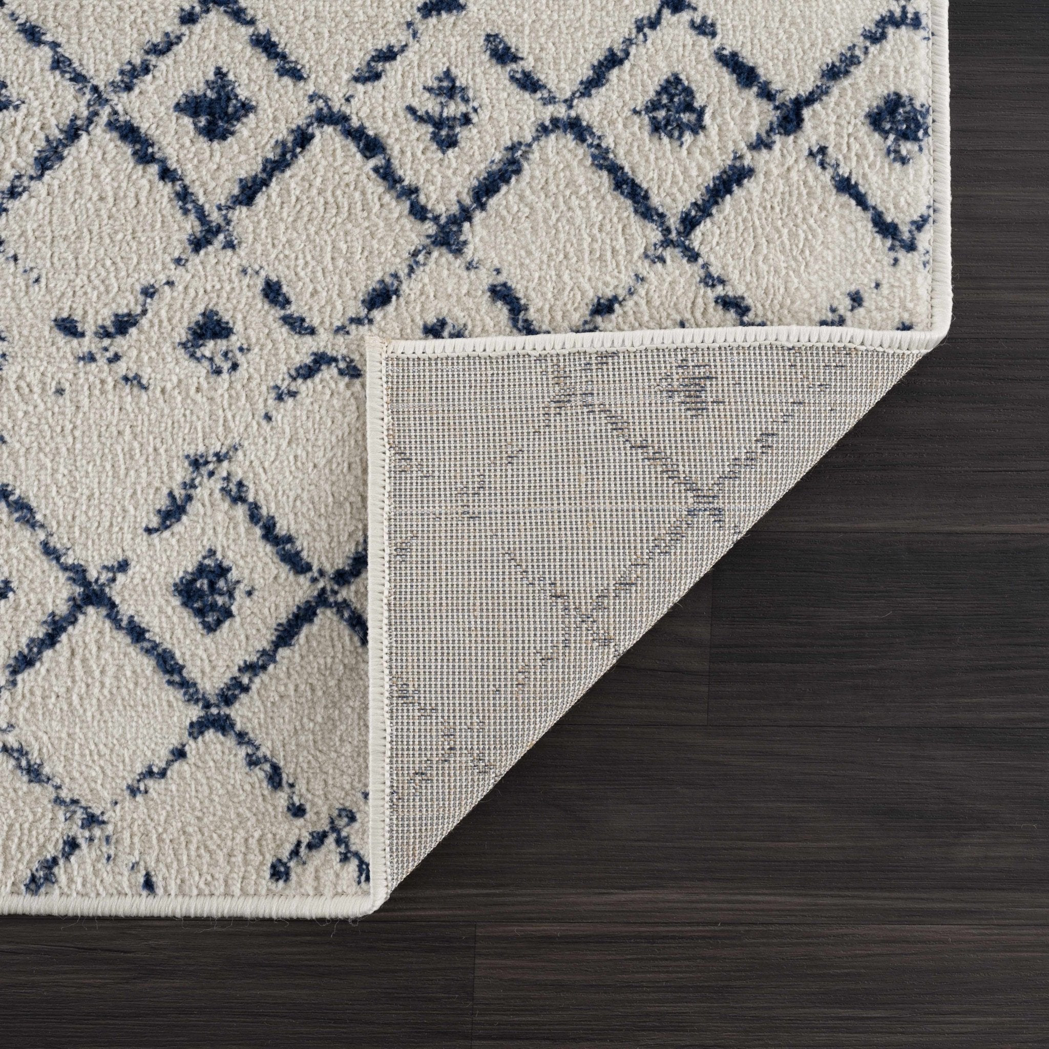 Contemporary Ivory and Blue Tribal Trellis Medium pile Area Rug - Image 7
