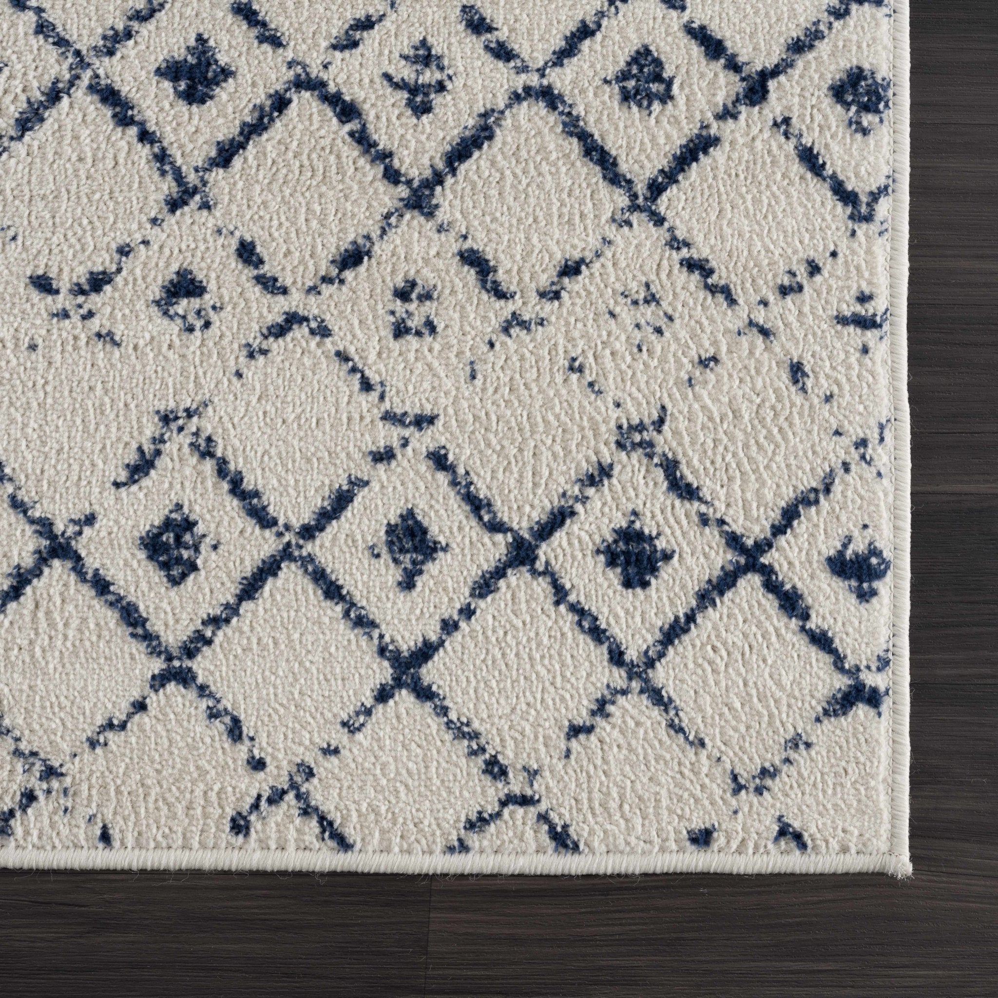 Contemporary Ivory and Blue Tribal Trellis Medium pile Area Rug - Image 9