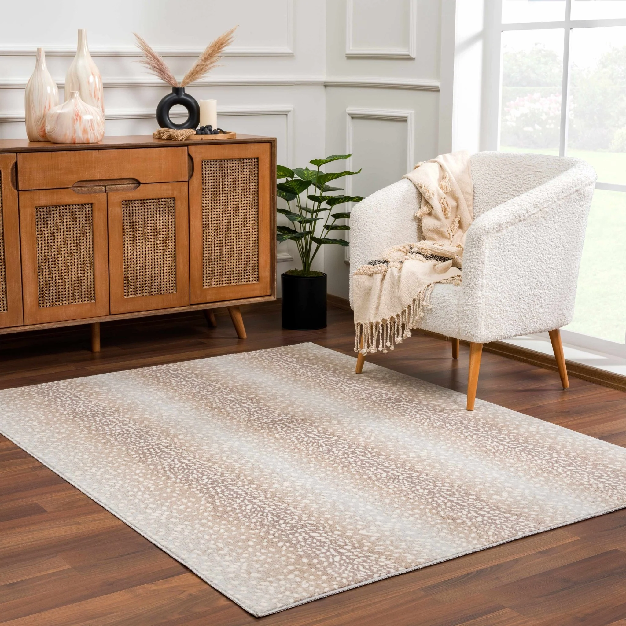 Modern Contemporary Ivory and Brown Leopard Print Medium Pile Area Rug - Image 5