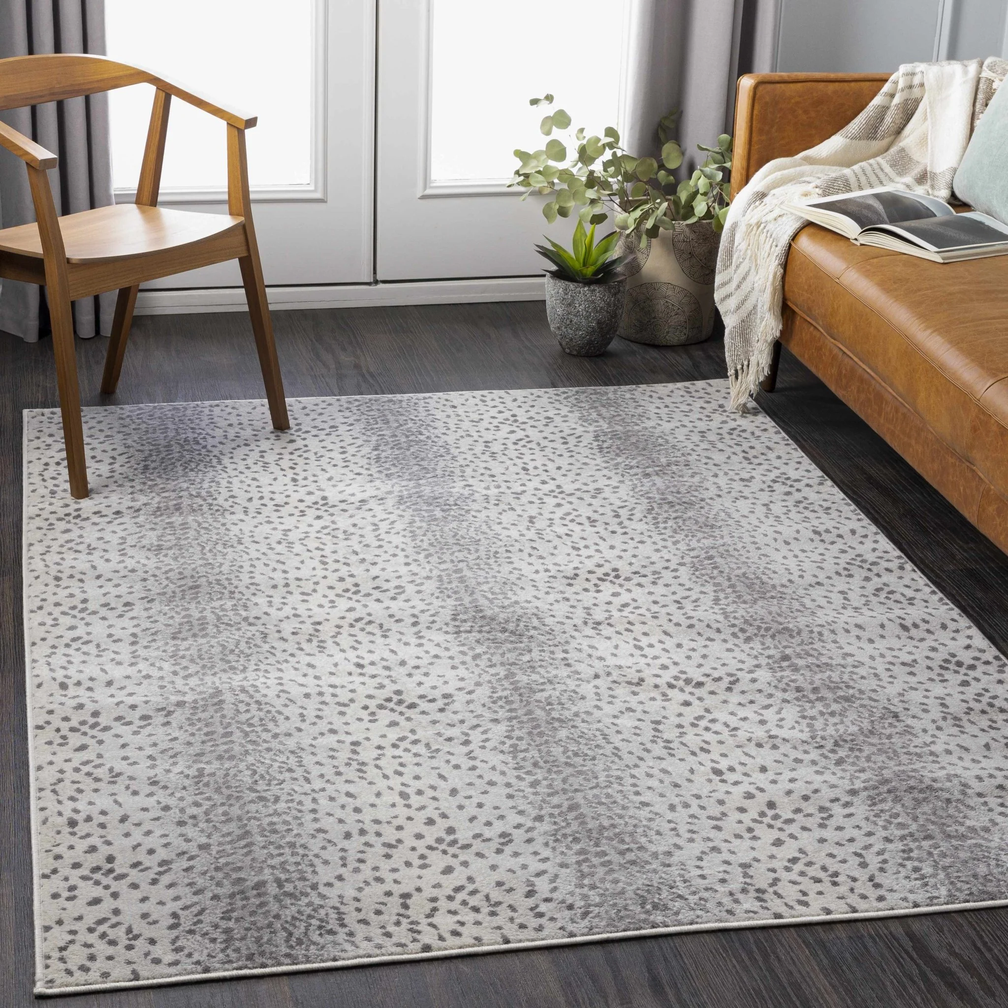 Modern Contemporary Ivory and Charcoal Leopard Print Low Pile Area Rug - Image 2