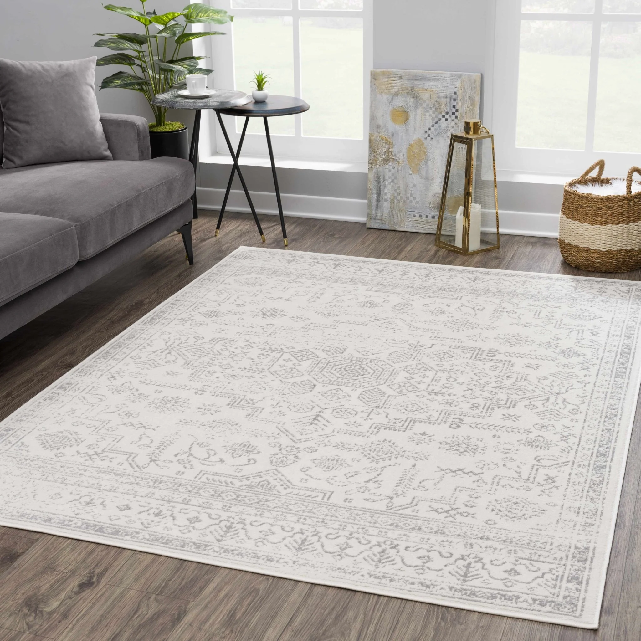 Traditional Medallion Design Contemporary Ivory and Gray Medium pile Area Rug - Image 3
