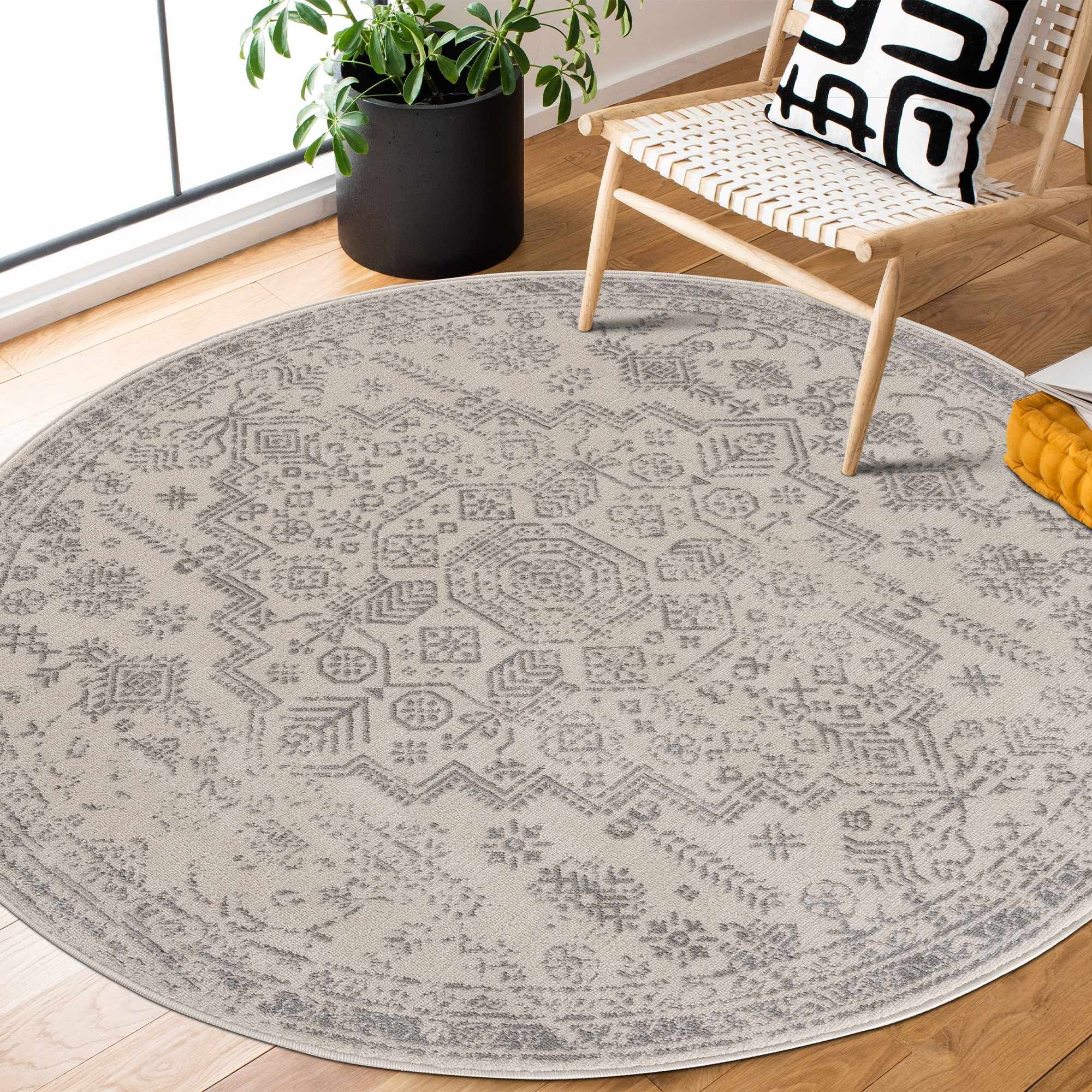 Traditional Medallion Design Contemporary Ivory and Gray Medium pile Area Rug - Image 5