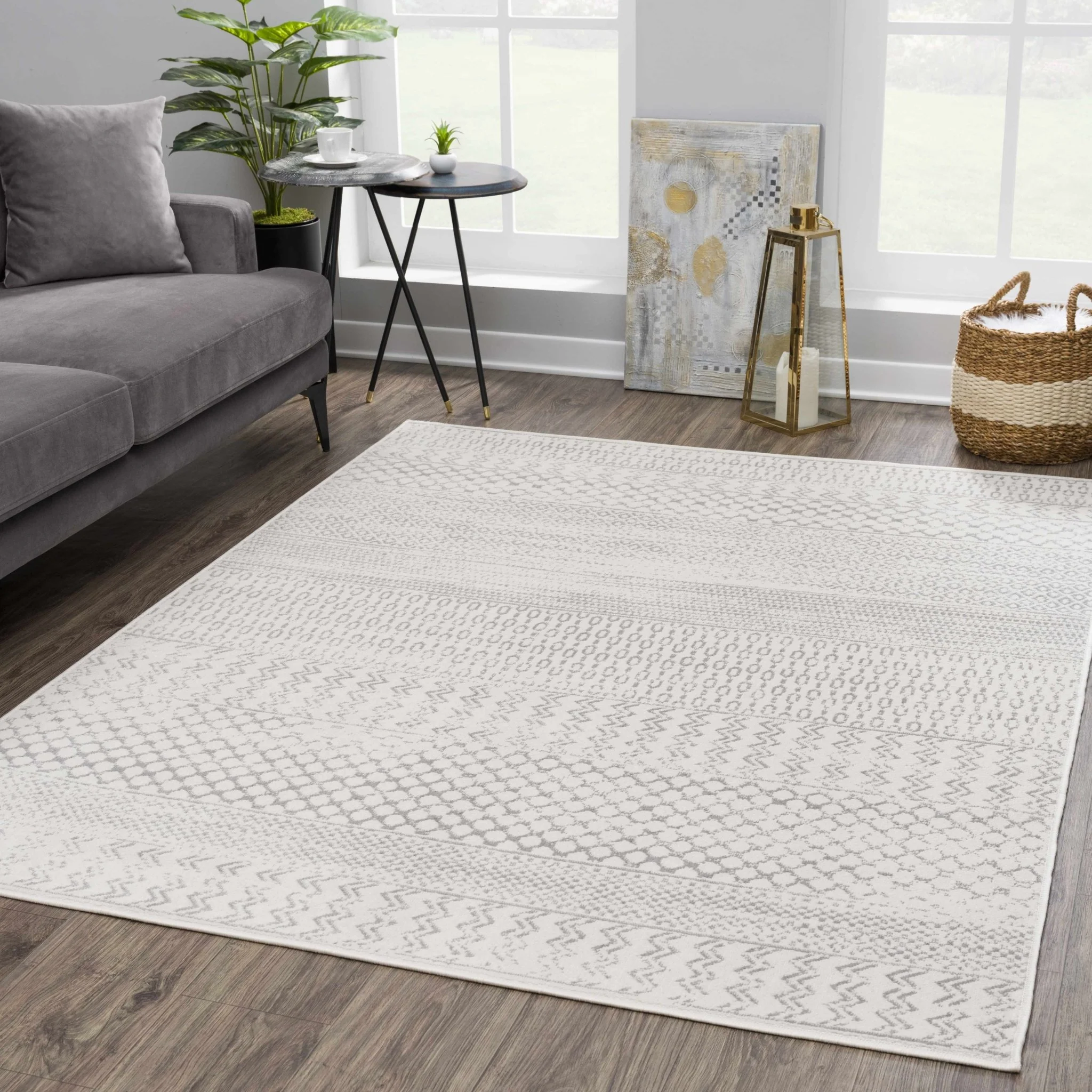 Contemporary Ivory and Gray Medium Pile Tribal Trellis Multi size Area Rug - Image 2