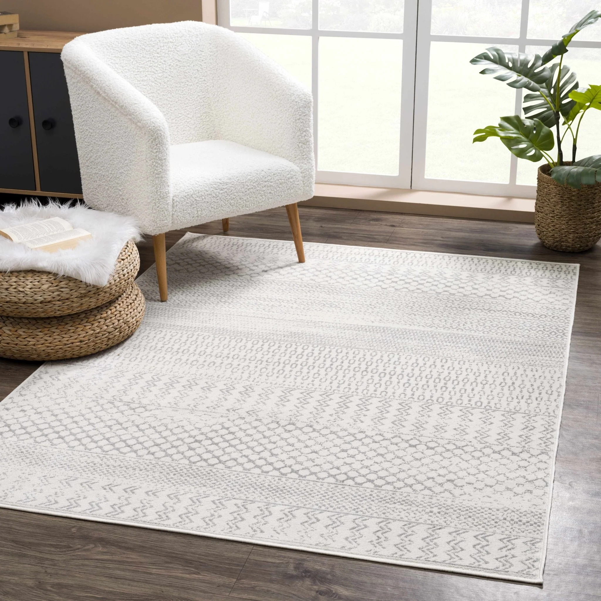 Contemporary Ivory and Gray Medium Pile Tribal Trellis Multi size Area Rug - Image 9