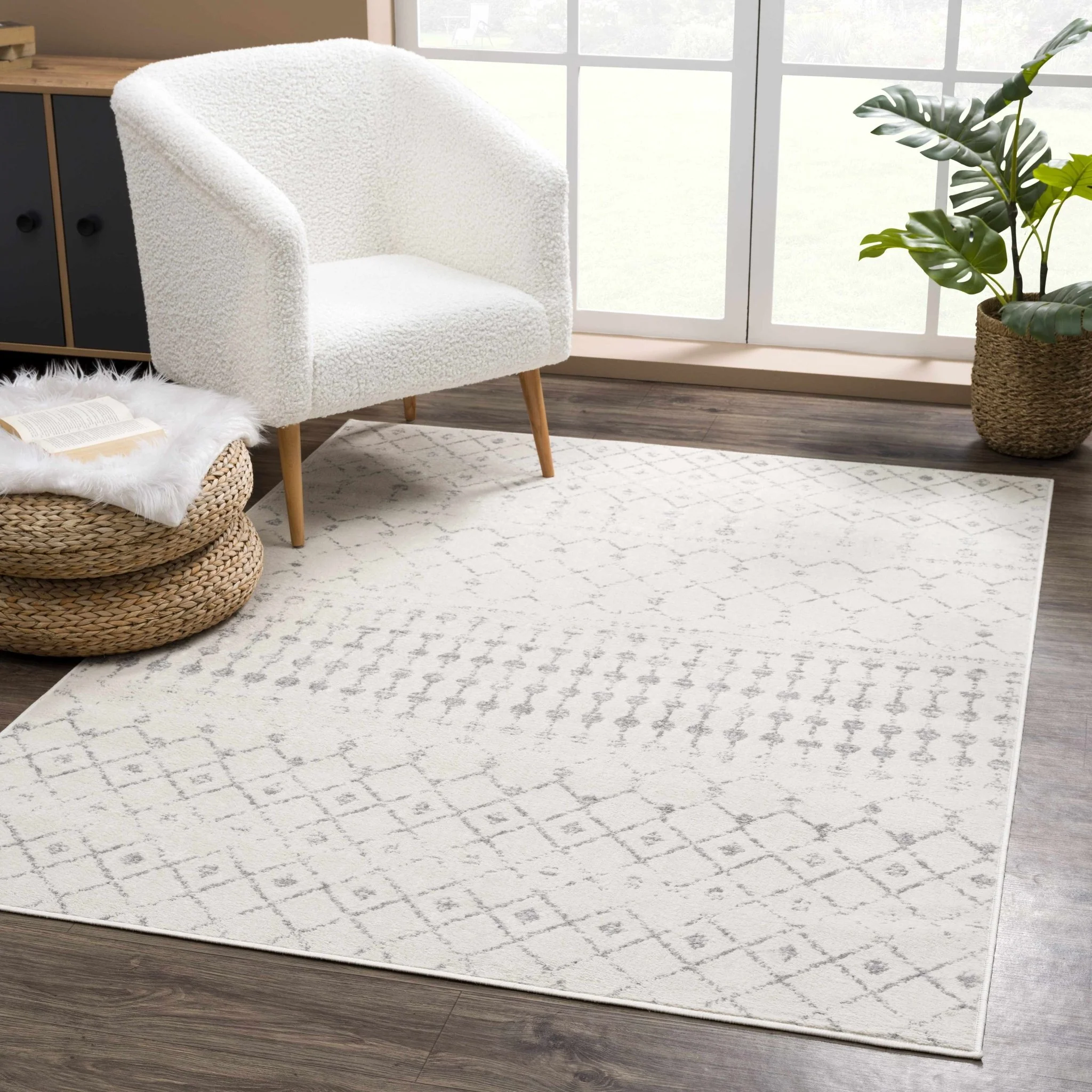 Contemporary Ivory and Gray Tribal Trellis Design Medium Pile Area Rug - Image 11