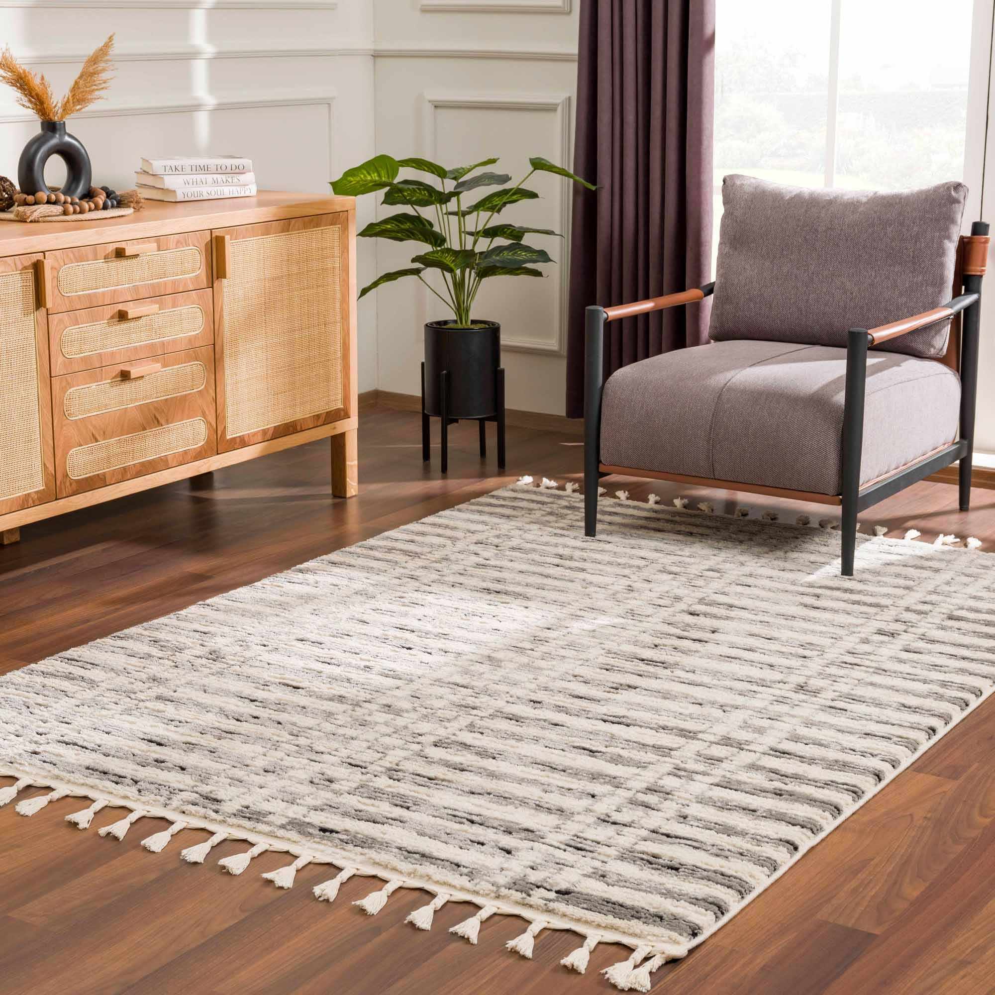 Modern Contemporary Ivory, Black and Gray High Pile Area Rug - Image 15
