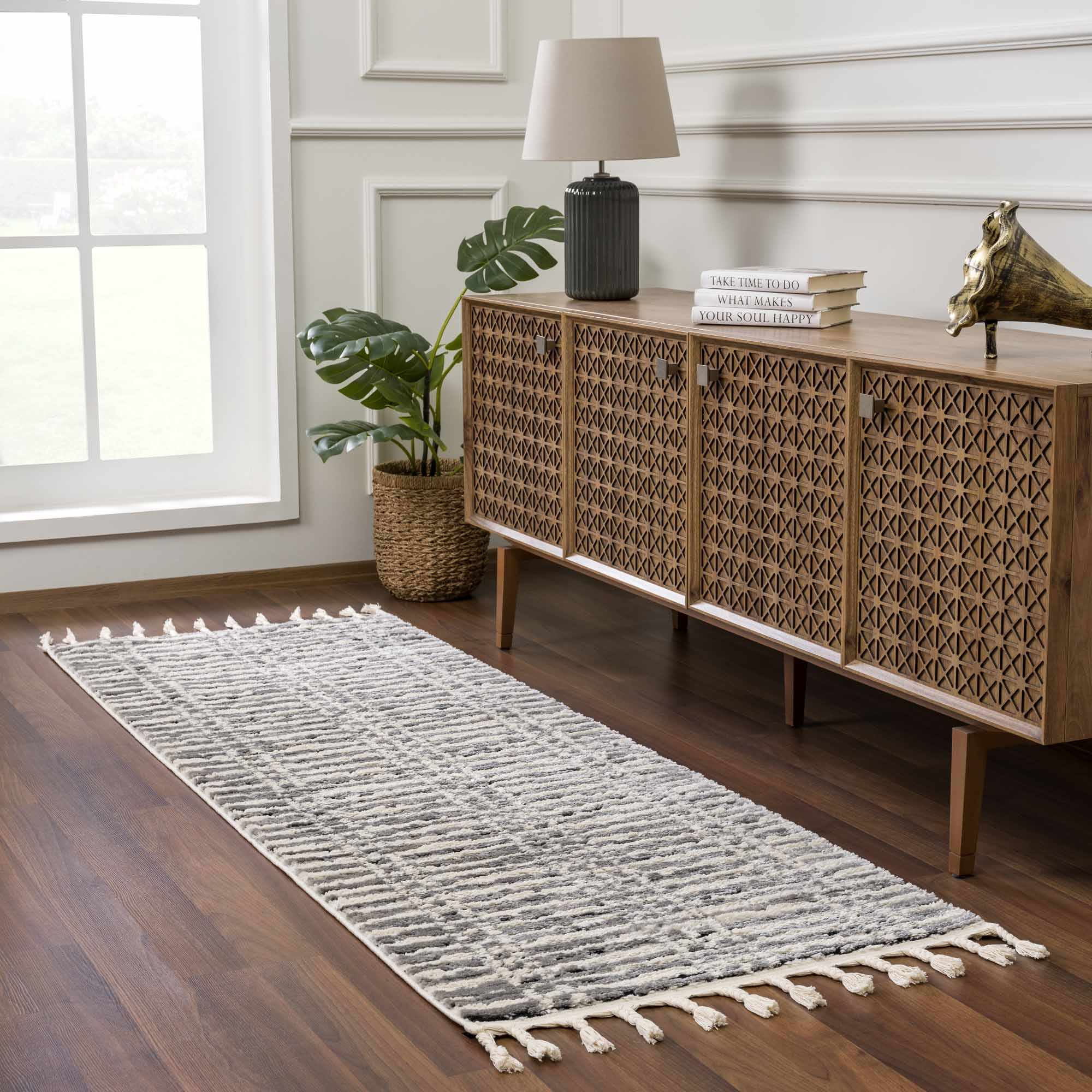Modern Contemporary Ivory, Black and Gray High Pile Area Rug - Image 3