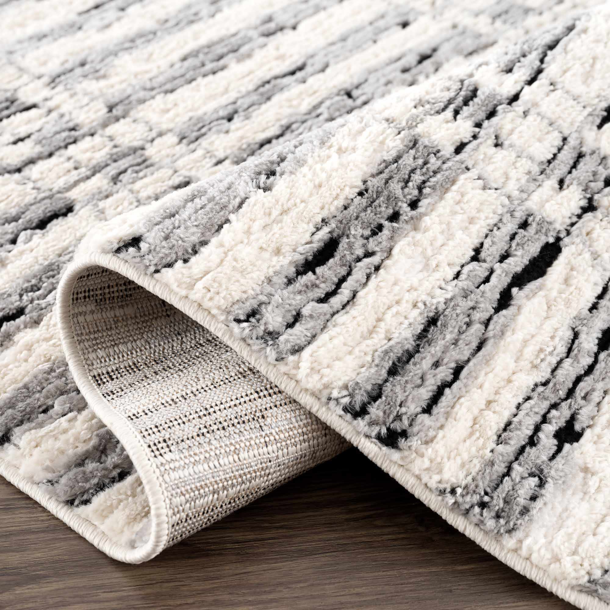 Modern Contemporary Ivory, Black and Gray High Pile Area Rug - Image 7