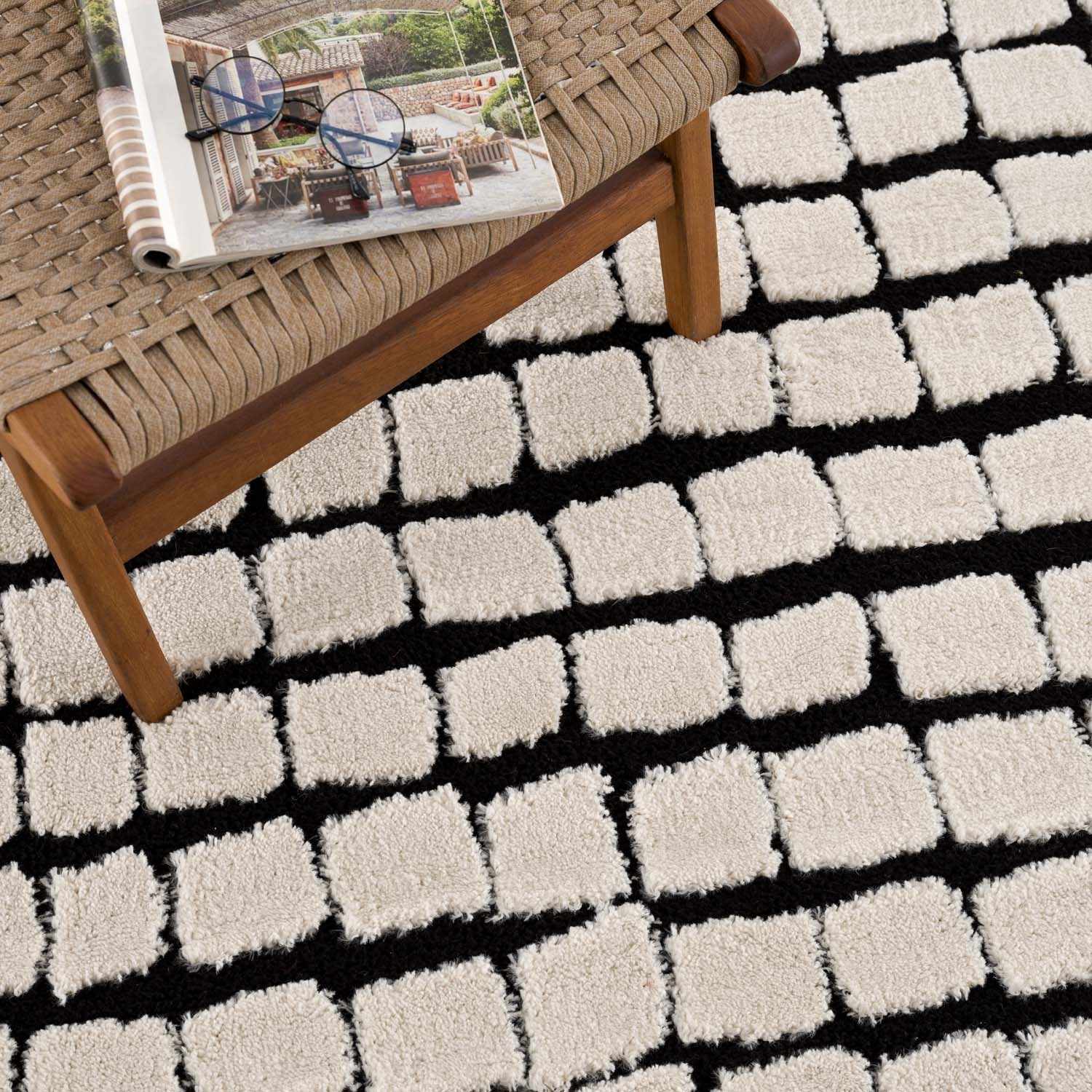 Modern Contemporary Ivory and Black Checked Texture High Pile Machine Woven Area Rug - Image 12